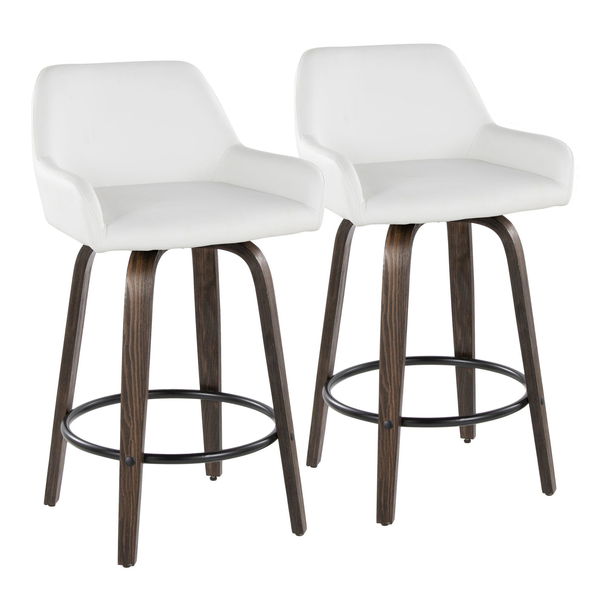 Daniella 26" Fixed-Height Counter Stool - Set of 2 - Walnut Glazed Wood, Black Metal, White PU