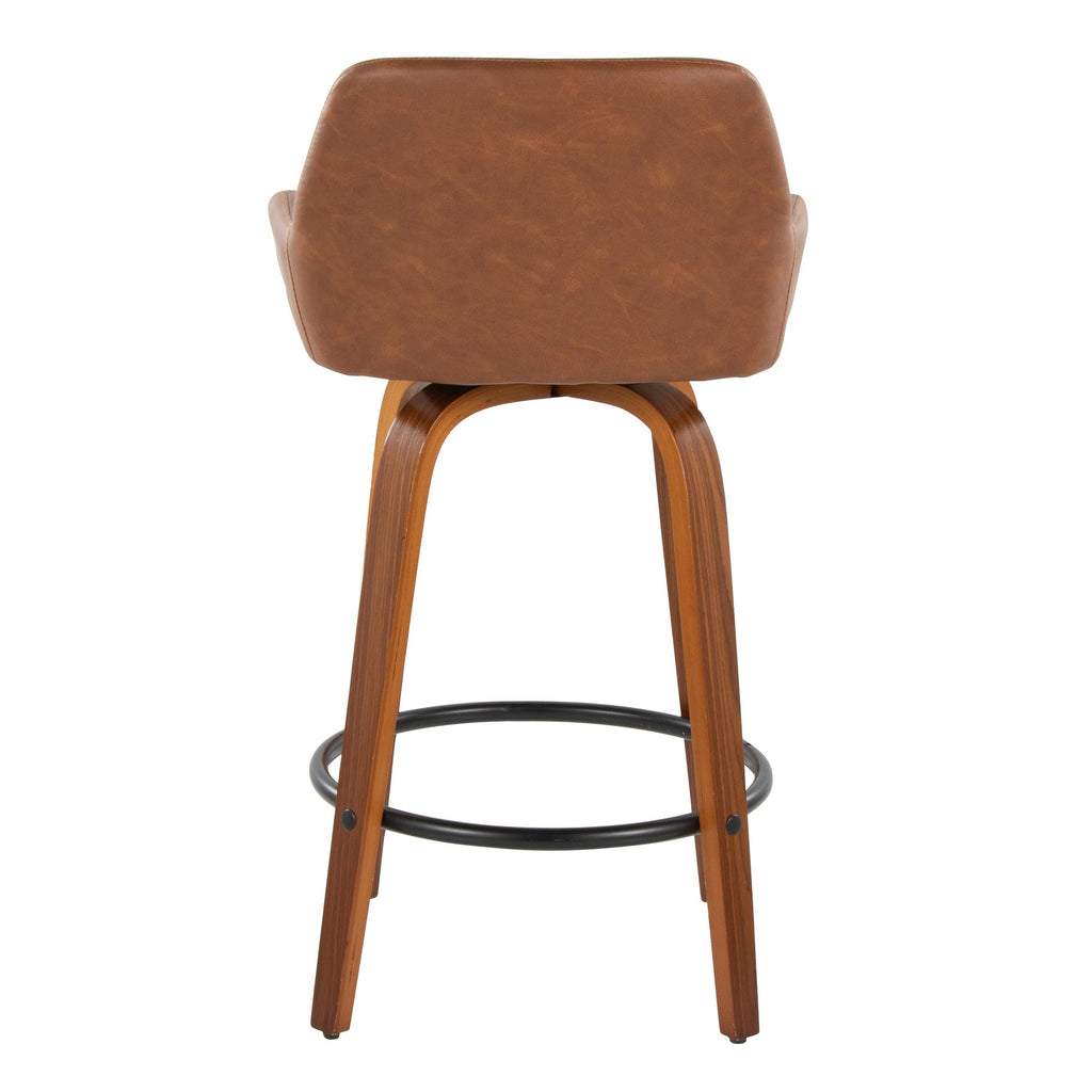 Daniella 26" Fixed-Height Counter Stool - Set of 2 - Walnut Wood, Black Metal, Camel PU