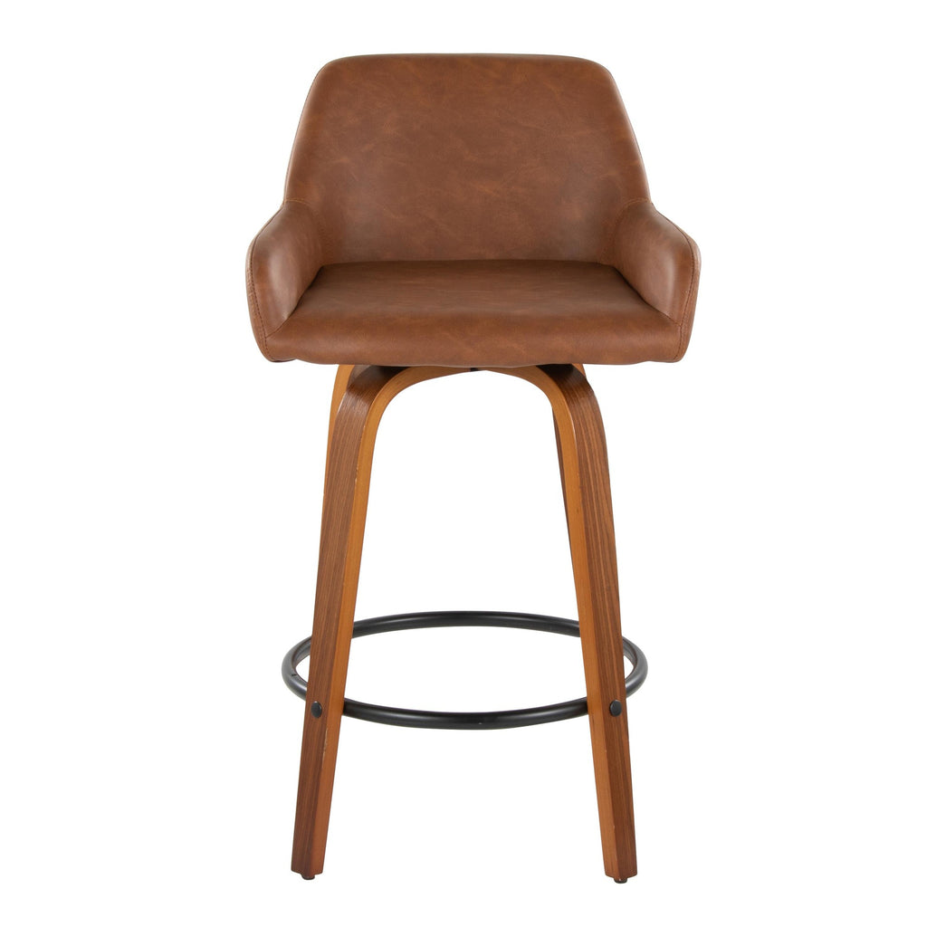 Daniella 26" Fixed-Height Counter Stool - Set of 2 - Walnut Wood, Black Metal, Camel PU
