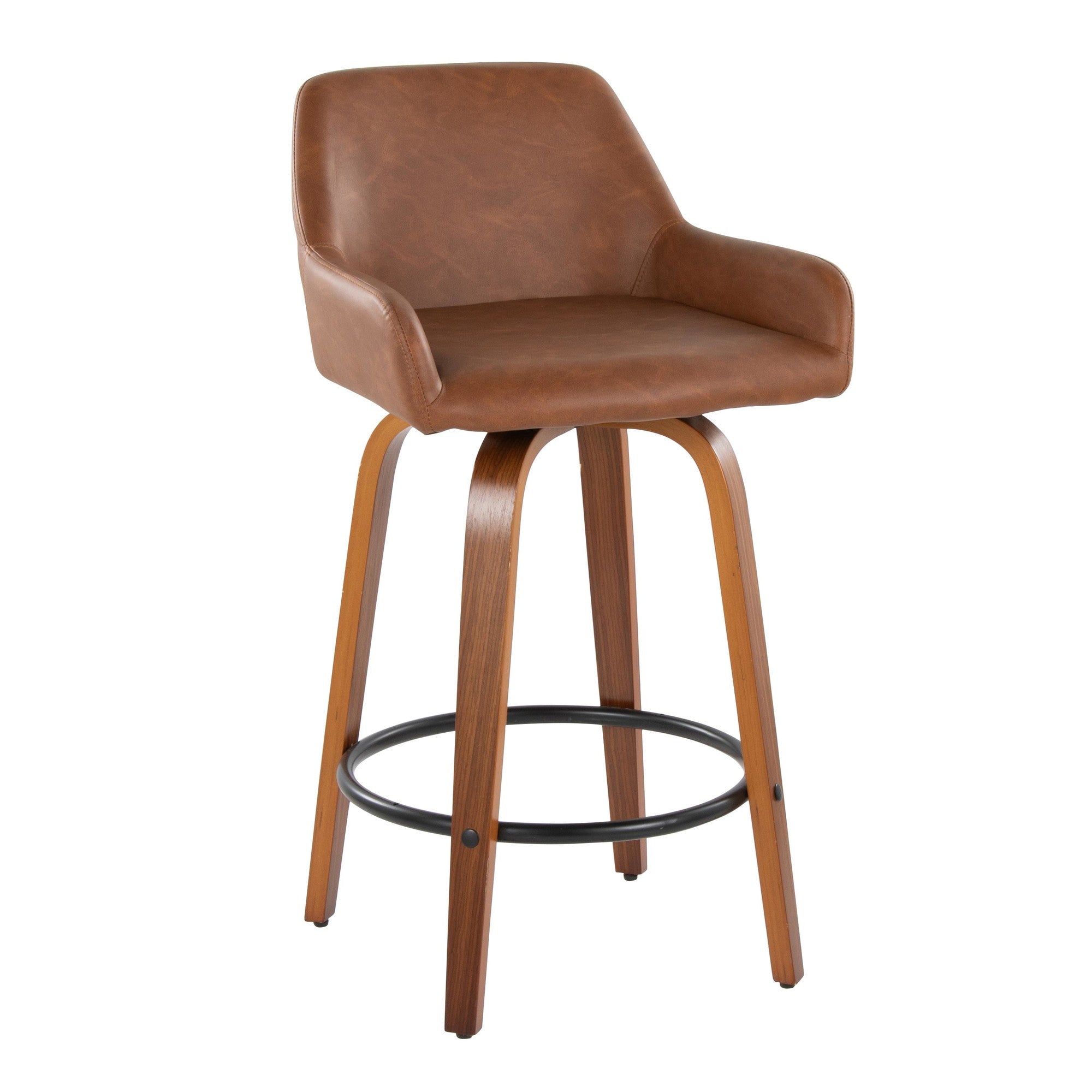 Daniella 26" Fixed-Height Counter Stool - Set of 2 - Walnut Wood, Black Metal, Camel PU