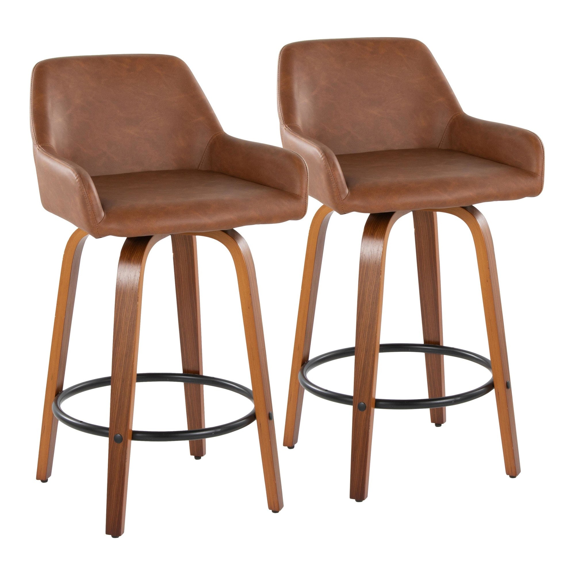 Daniella 26" Fixed-Height Counter Stool - Set of 2 - Walnut Wood, Black Metal, Camel PU