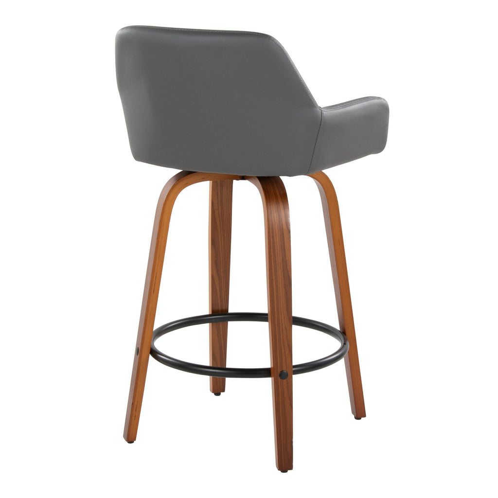 Daniella 26" Fixed-Height Counter Stool - Set of 2 - Walnut Wood, Black Metal, Grey PU