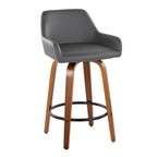 Daniella 26" Fixed-Height Counter Stool - Set of 2 - Walnut Wood, Black Metal, Grey PU