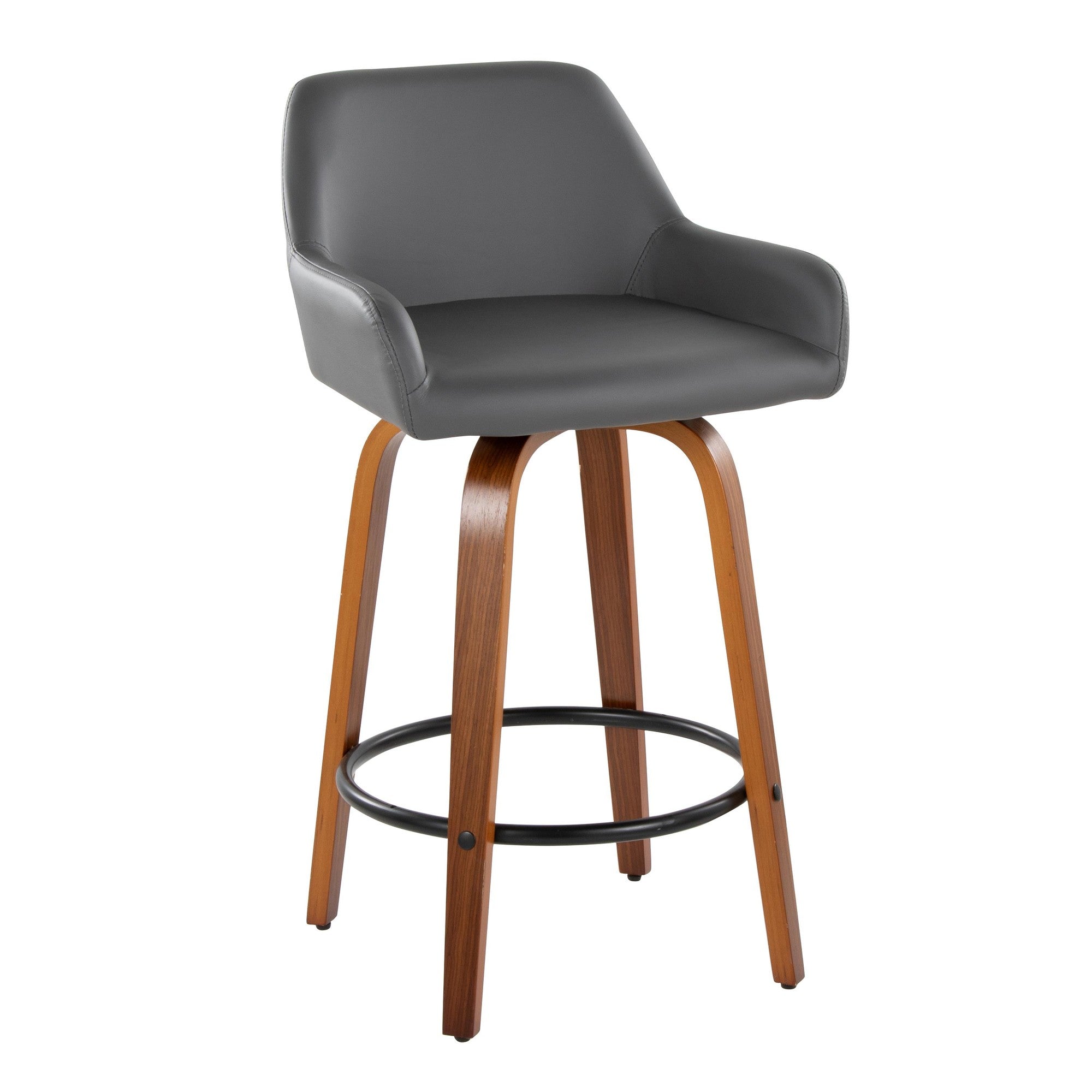 Daniella 26" Fixed-Height Counter Stool - Set of 2 - Walnut Wood, Black Metal, Grey PU