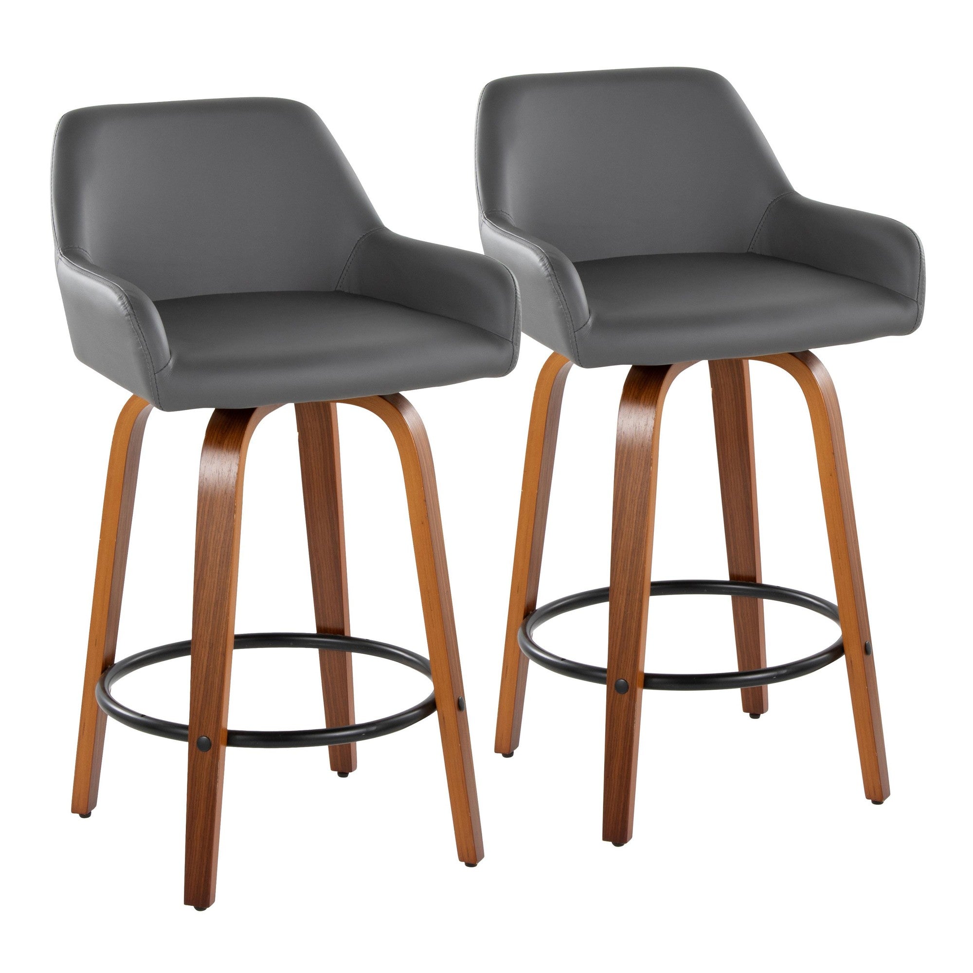 Daniella 26" Fixed-Height Counter Stool - Set of 2 - Walnut Wood, Black Metal, Grey PU