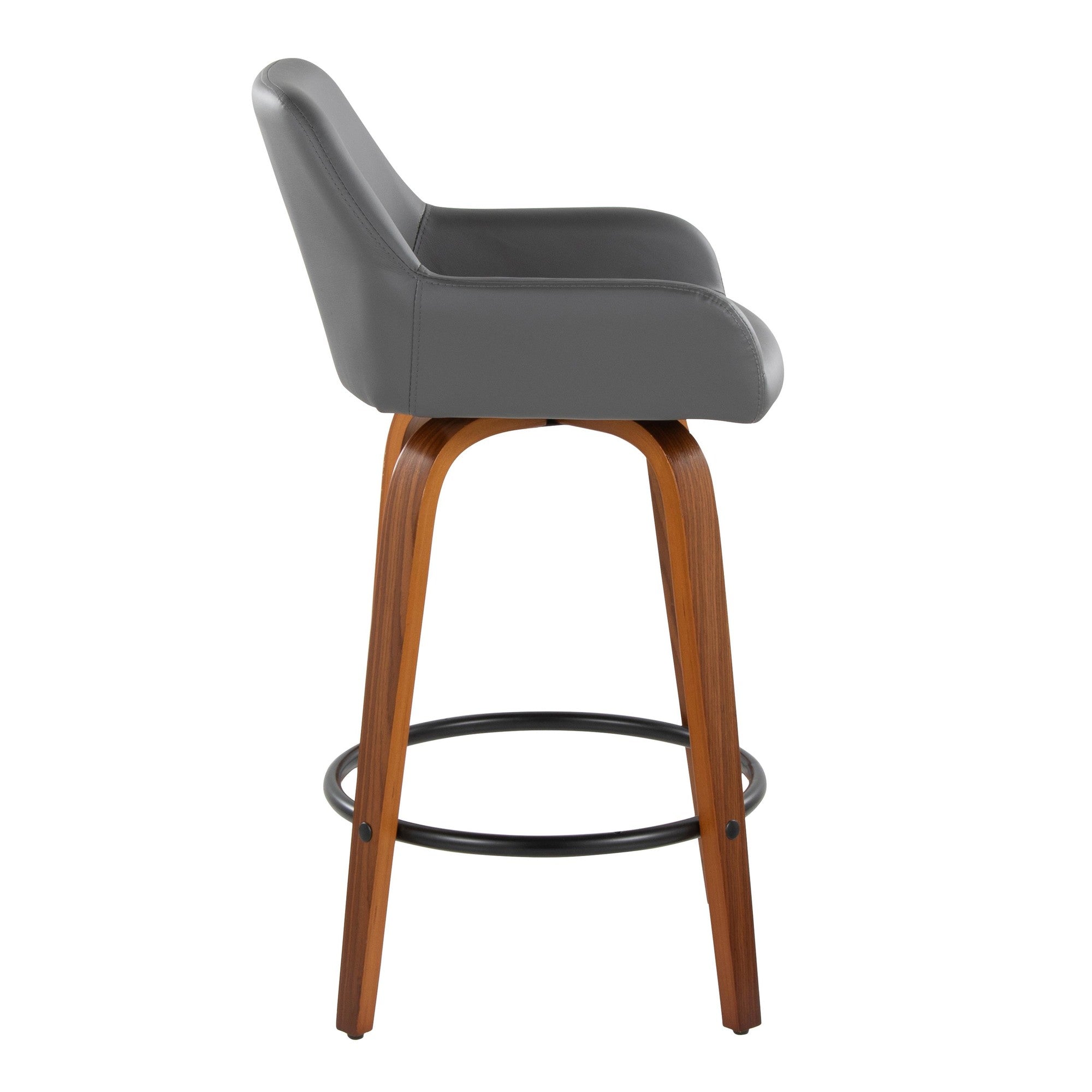 Daniella 26" Fixed-Height Counter Stool - Set of 2 - Walnut Wood, Black Metal, Grey PU