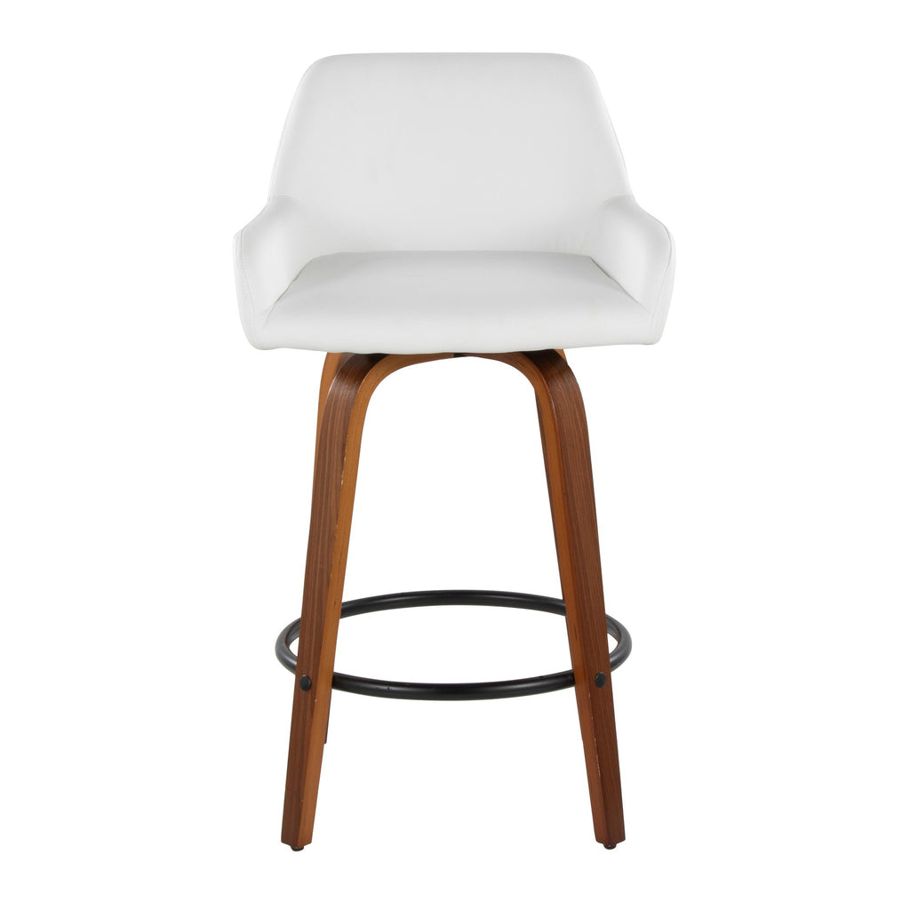 Daniella 26" Fixed-Height Counter Stool - Set of 2 - Walnut Wood, Black Metal, White PU