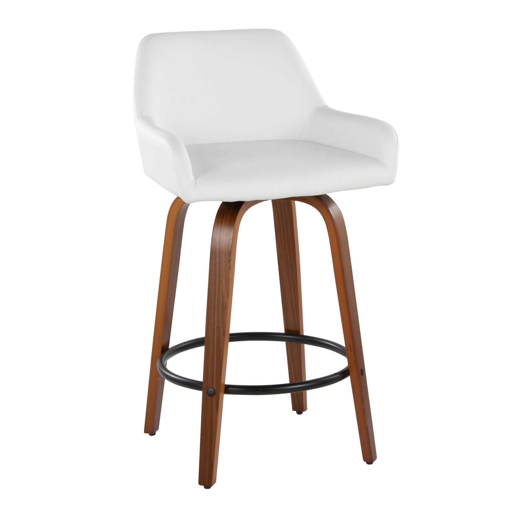 Daniella 26" Fixed-Height Counter Stool - Set of 2 - Walnut Wood, Black Metal, White PU