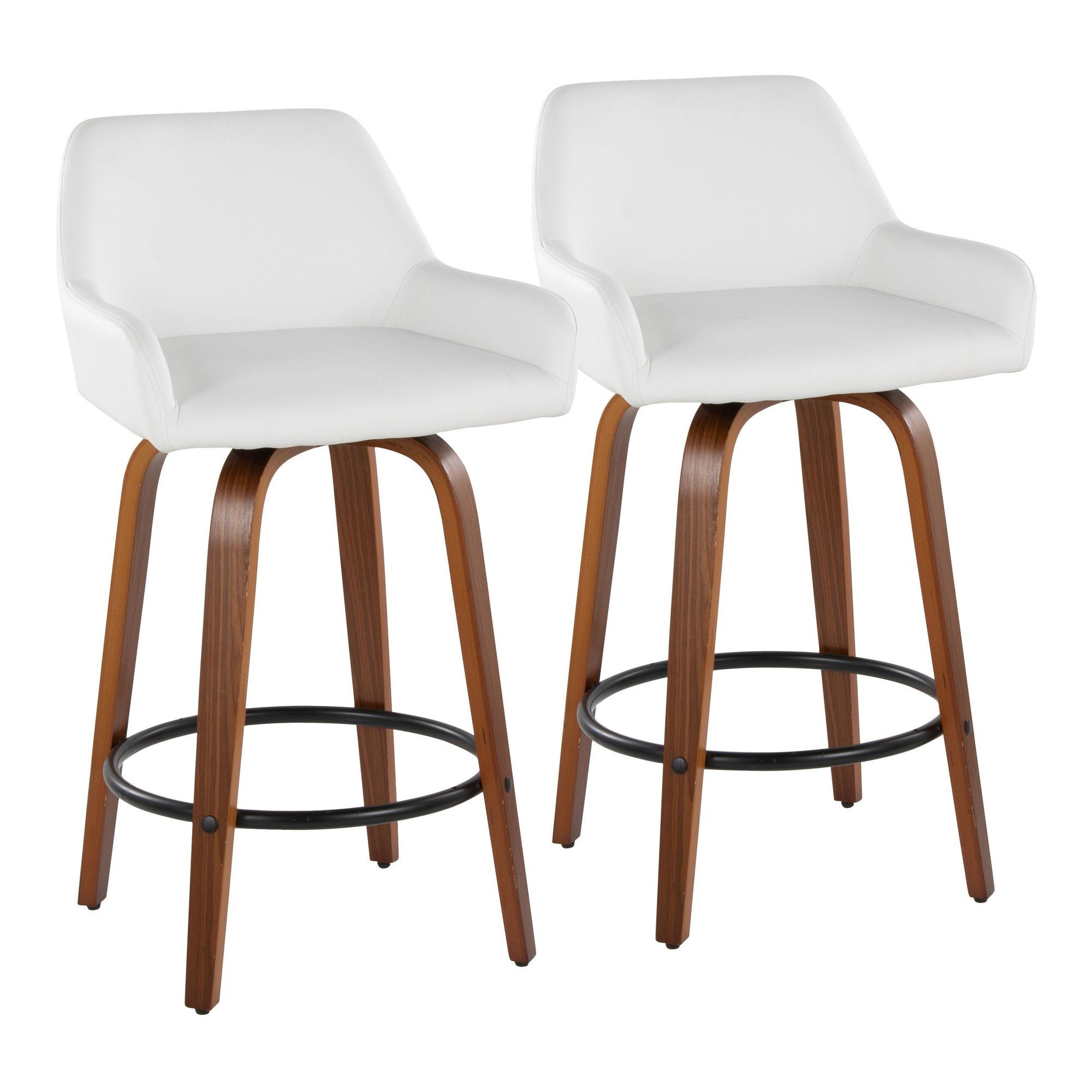 Daniella 26" Fixed-Height Counter Stool - Set of 2 - Walnut Wood, Black Metal, White PU