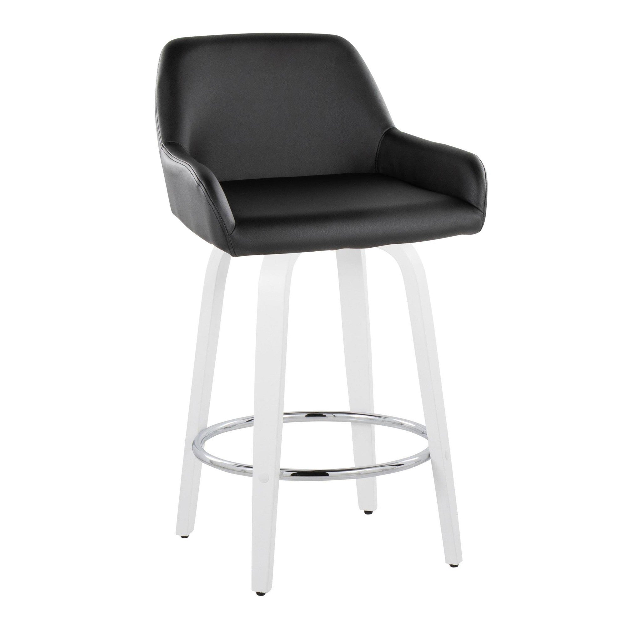 Daniella 26" Fixed-Height Counter Stool - Set of 2 - White Wood, Black PU, Chrome Metal