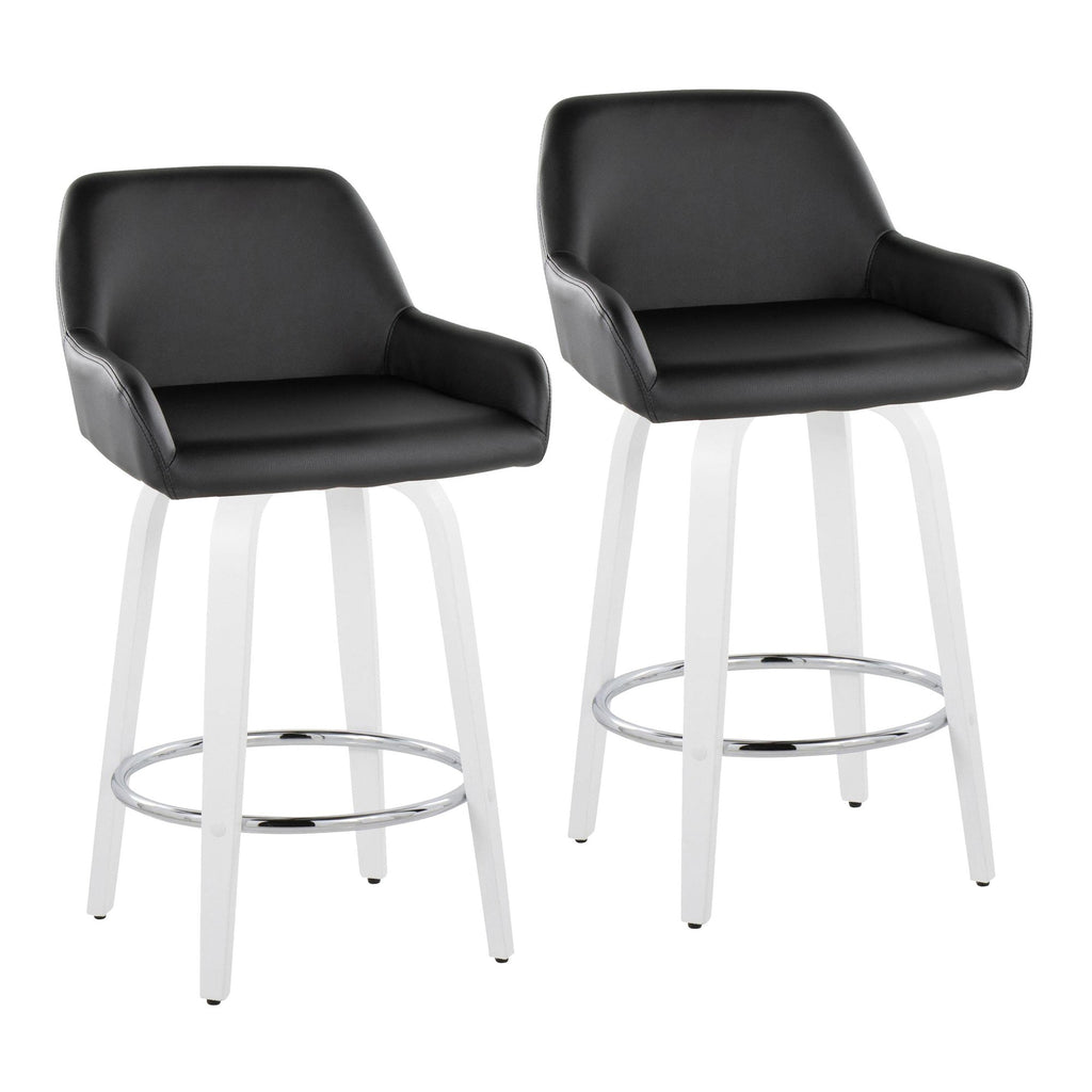 Daniella 26" Fixed-Height Counter Stool - Set of 2 - White Wood, Black PU, Chrome Metal