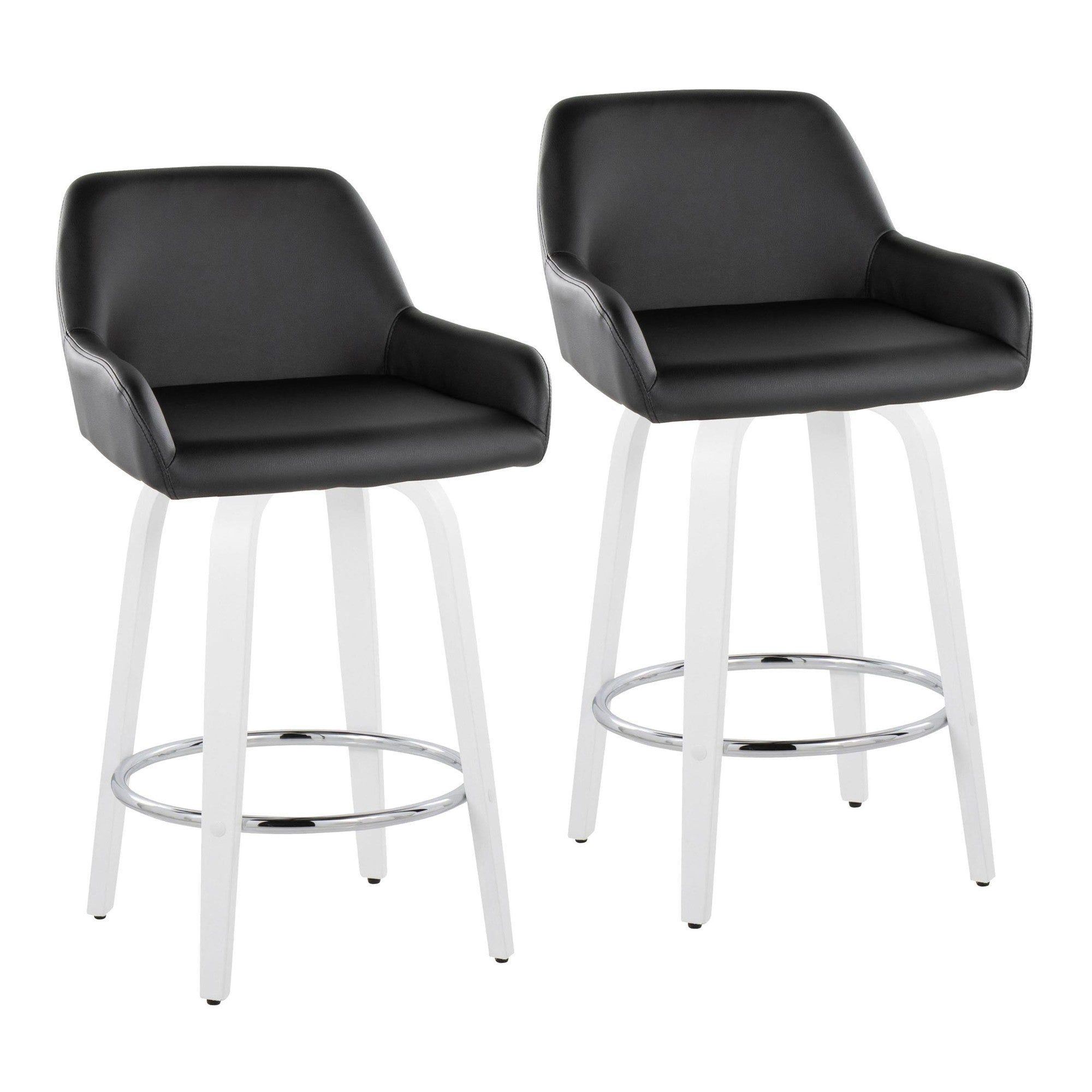 Daniella 26" Fixed-Height Counter Stool - Set of 2 - White Wood, Black PU, Chrome Metal