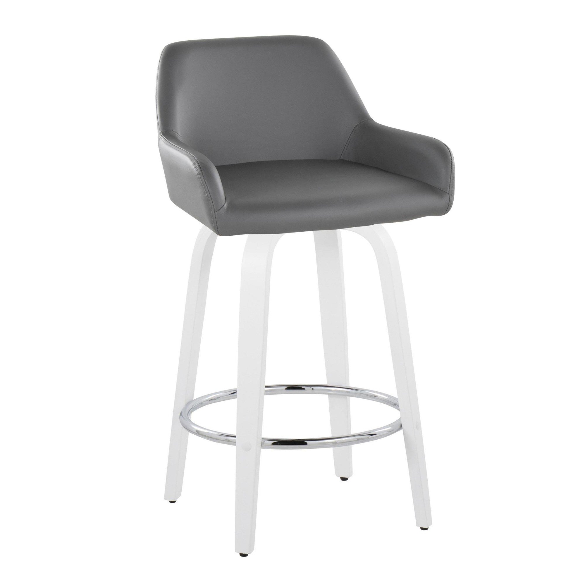 Daniella 26" Fixed-Height Counter Stool - Set of 2 - White Wood, Grey PU, Chrome Metal