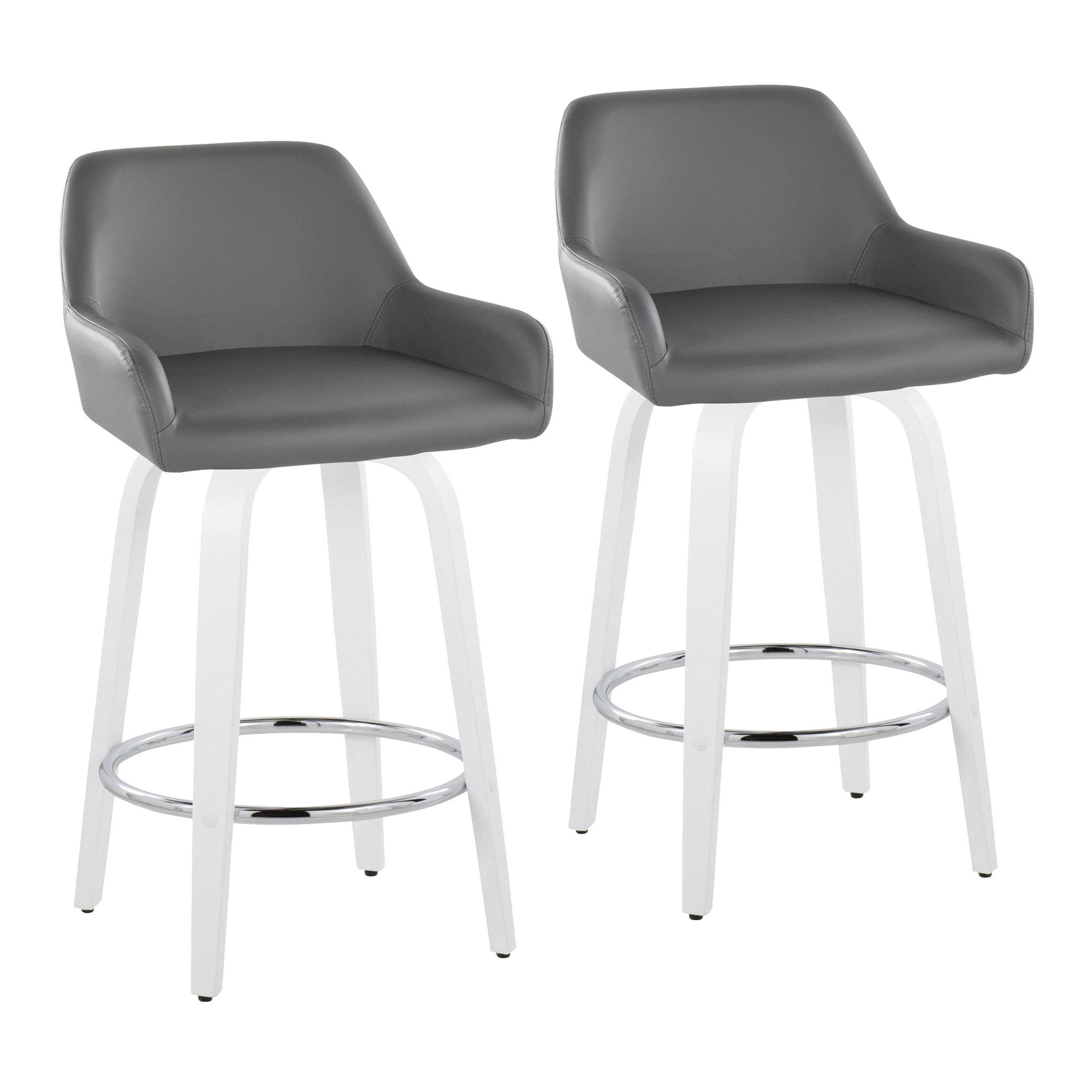 Daniella 26" Fixed-Height Counter Stool - Set of 2 - White Wood, Grey PU, Chrome Metal