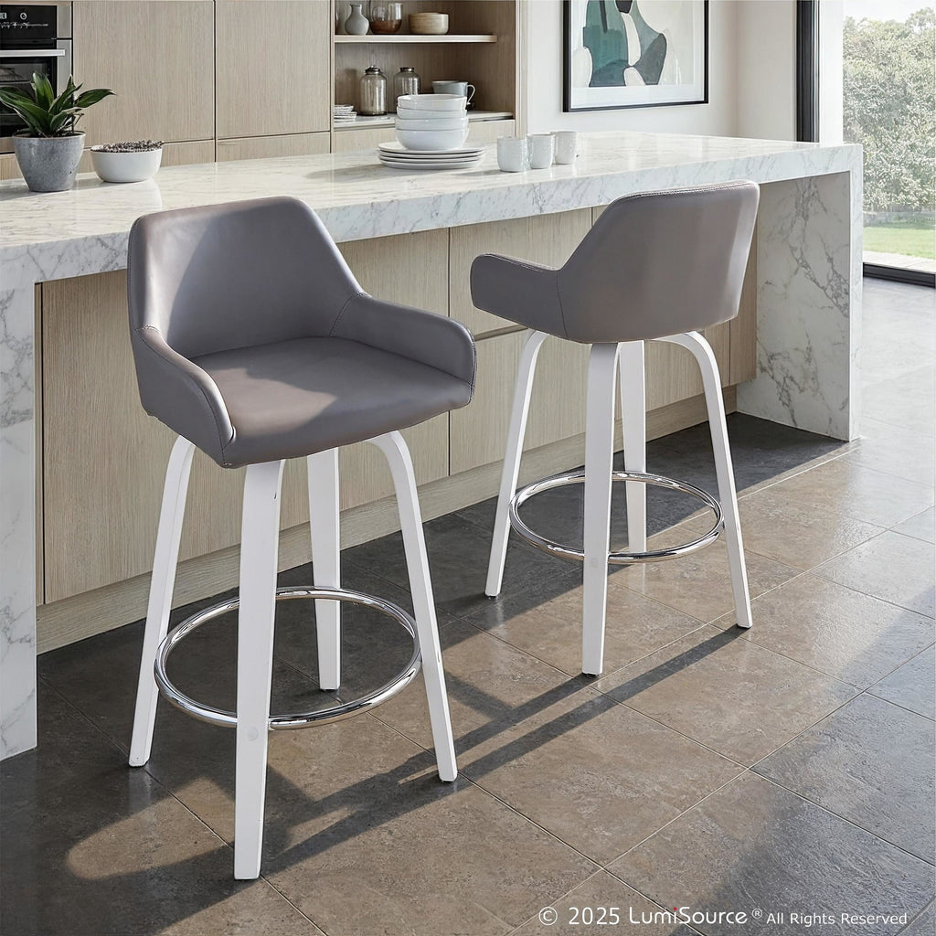 Daniella 26" Fixed-Height Counter Stool - Set of 2 - White Wood, Grey PU, Chrome Metal