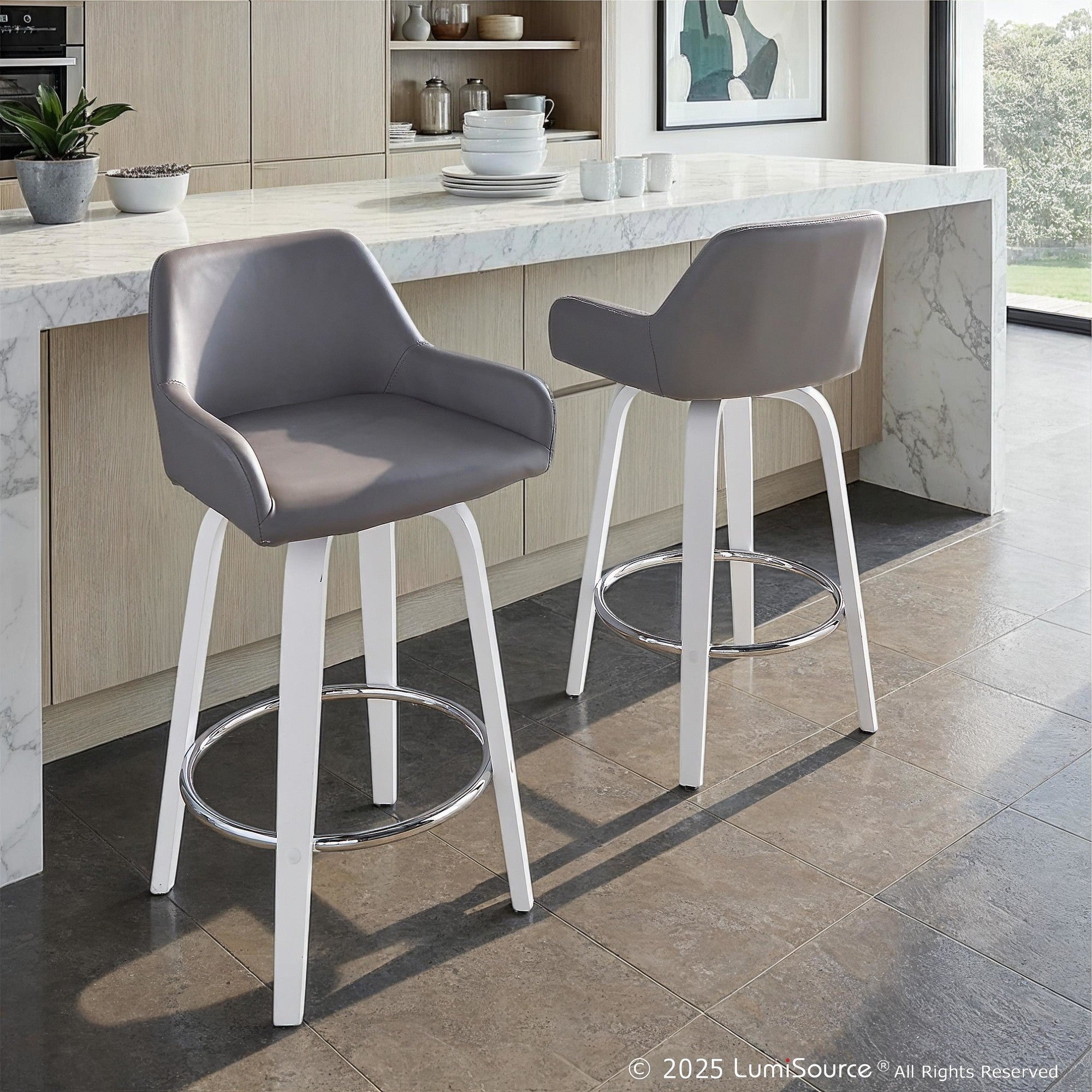 Daniella 26" Fixed-Height Counter Stool - Set of 2 - White Wood, Grey PU, Chrome Metal