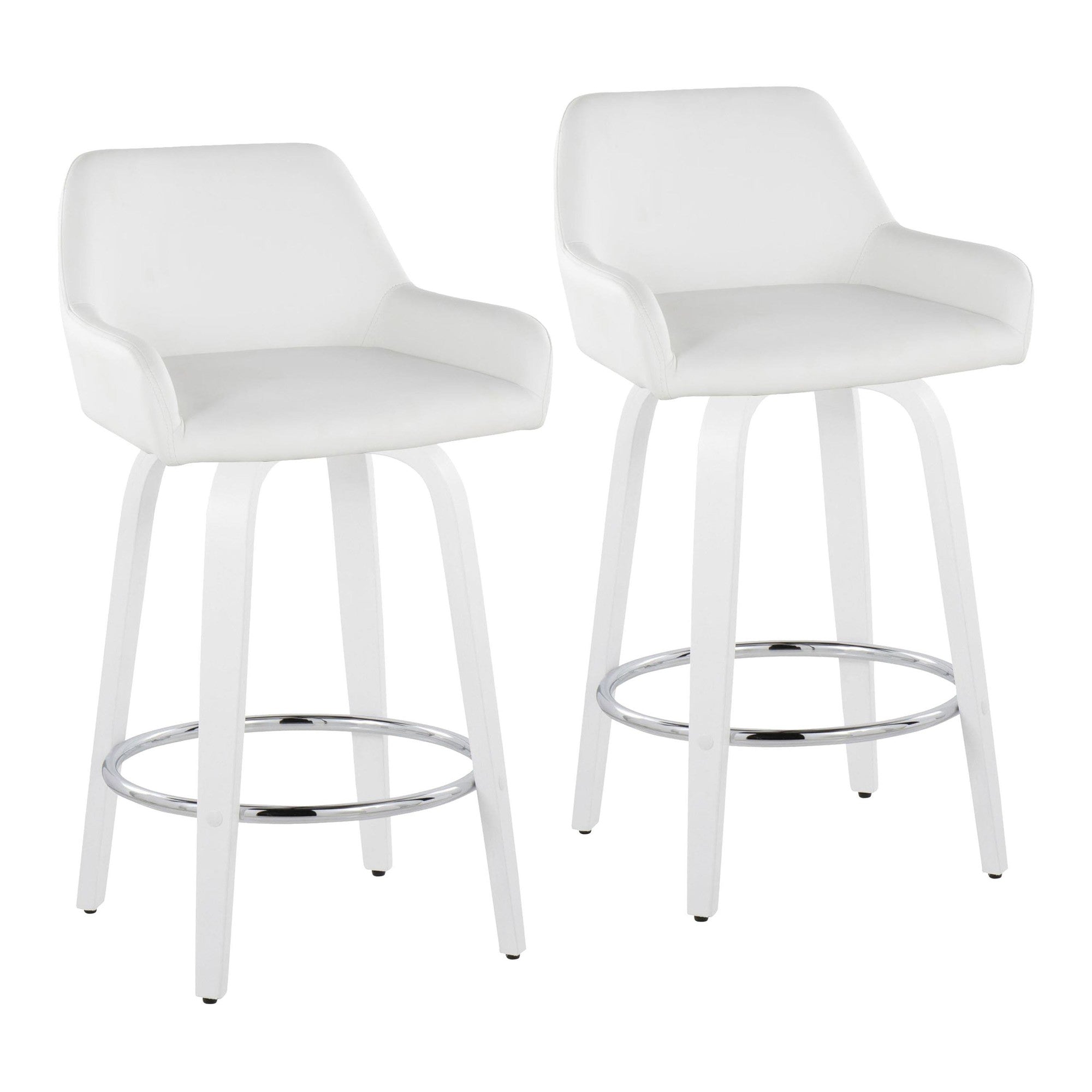 Daniella 26" Fixed-Height Counter Stool - Set of 2 - White Wood, White PU, Chrome Metal