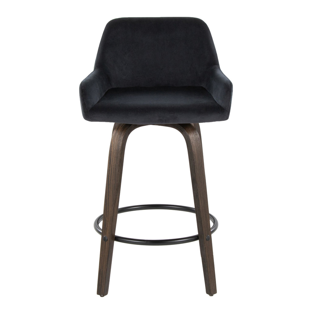 Daniella 26" Fixed-Height Counter Stool - Set of 2 - Walnut Glazed Wood, Black Metal, Black Velvet