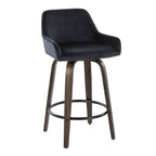 Daniella 26" Fixed-Height Counter Stool - Set of 2 - Walnut Glazed Wood, Black Metal, Black Velvet
