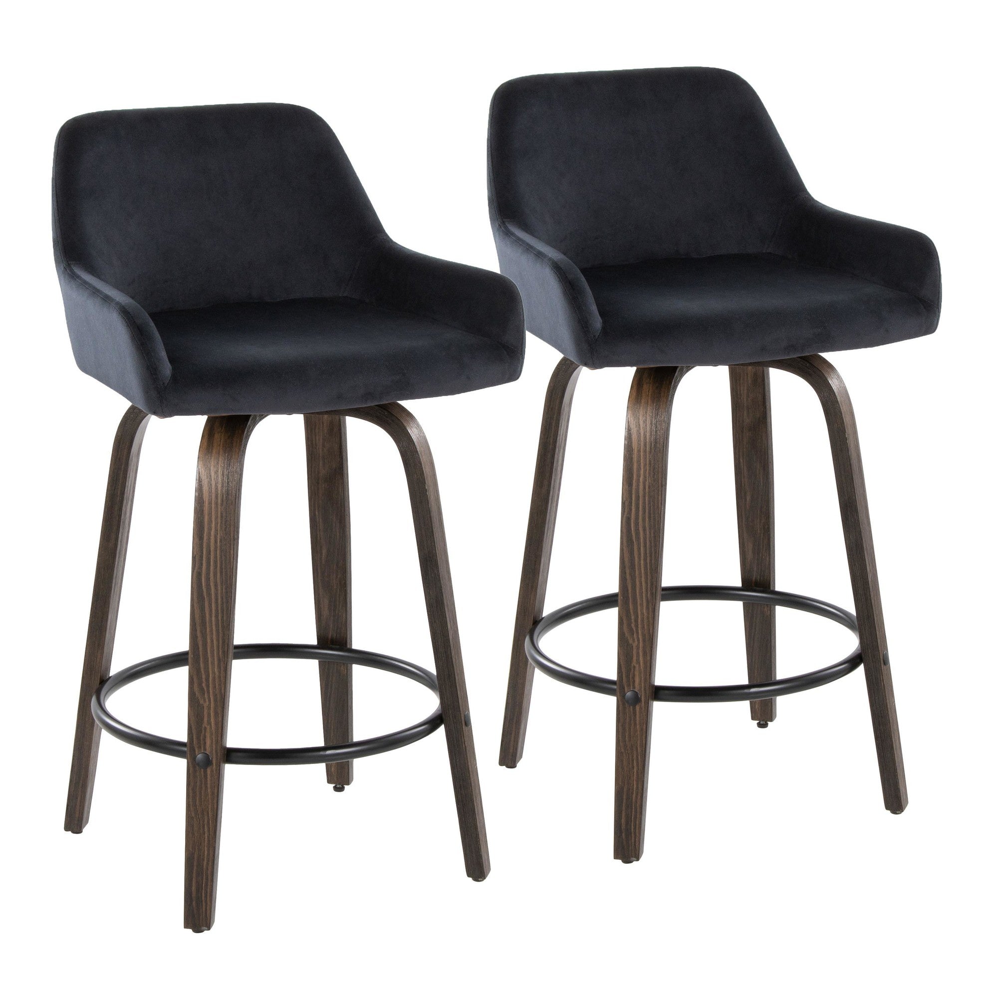Daniella 26" Fixed-Height Counter Stool - Set of 2 - Walnut Glazed Wood, Black Metal, Black Velvet