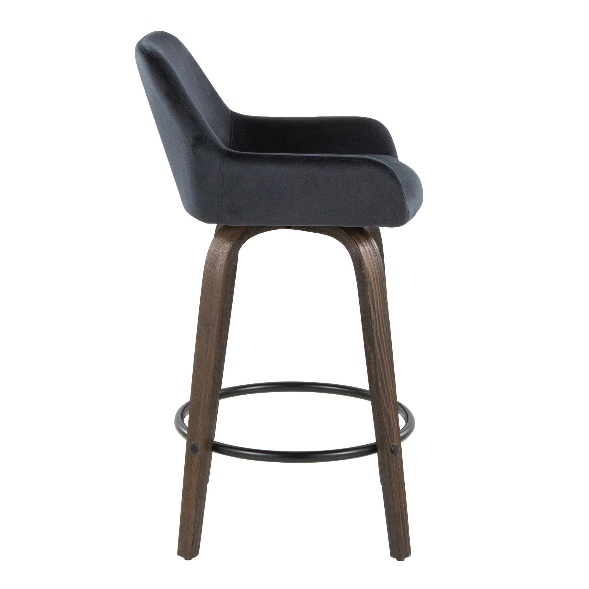 Daniella 26" Fixed-Height Counter Stool - Set of 2 - Walnut Glazed Wood, Black Metal, Black Velvet