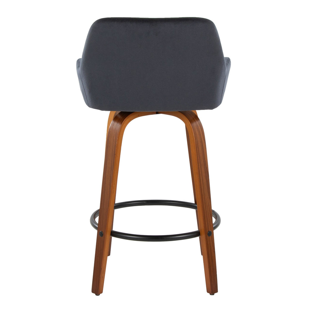 Daniella 26" Fixed-Height Counter Stool - Set of 2 - Walnut Wood, Black Metal, Black Velvet