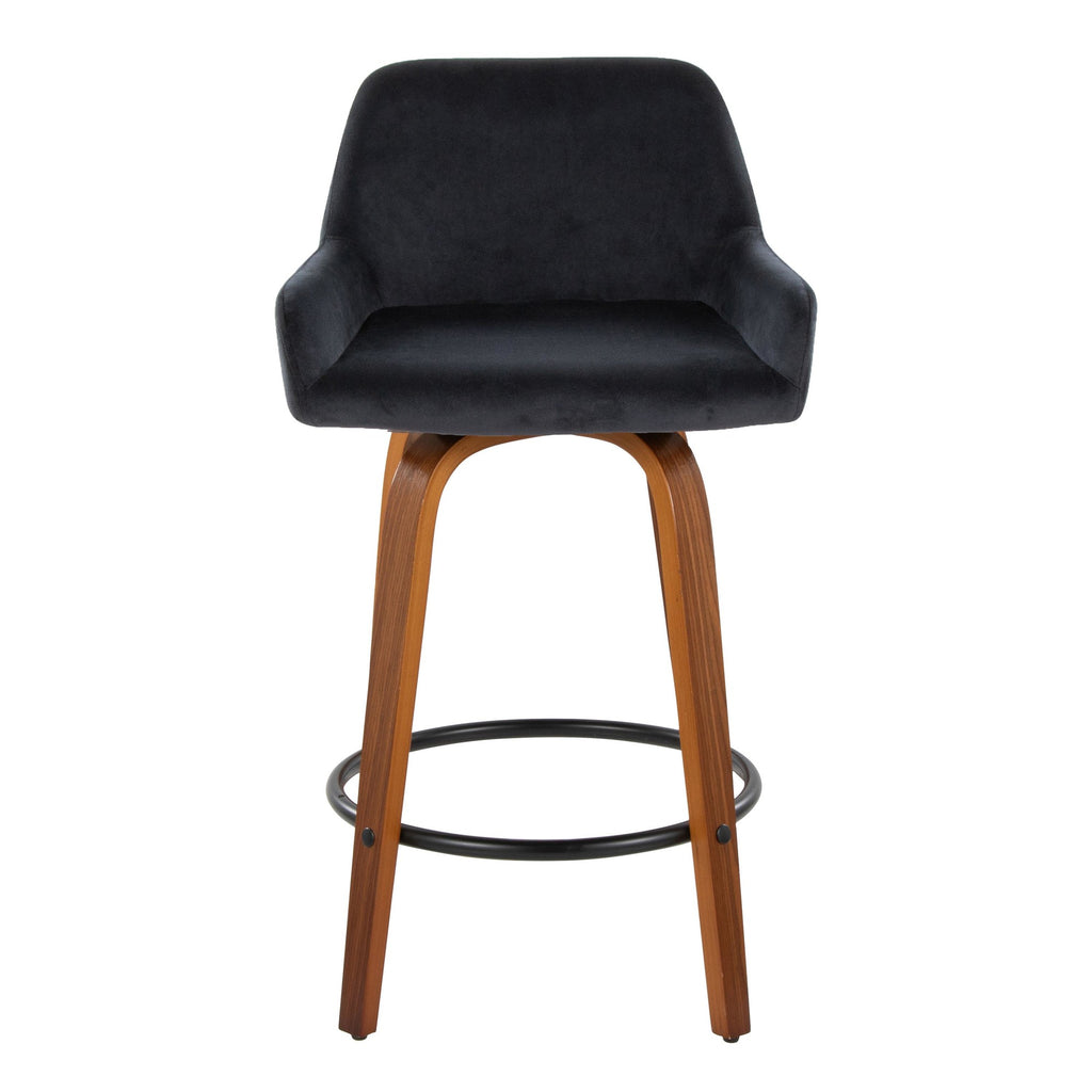 Daniella 26" Fixed-Height Counter Stool - Set of 2 - Walnut Wood, Black Metal, Black Velvet