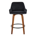 Daniella 26" Fixed-Height Counter Stool - Set of 2 - Walnut Wood, Black Metal, Black Velvet