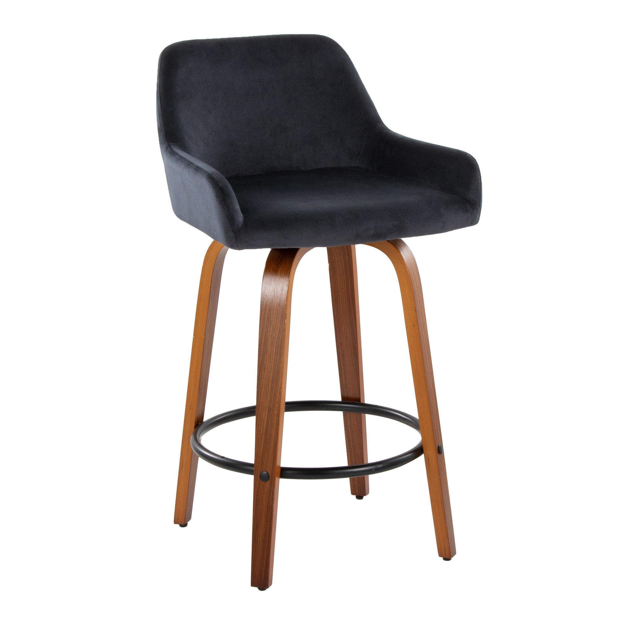 Daniella 26" Fixed-Height Counter Stool - Set of 2 - Walnut Wood, Black Metal, Black Velvet
