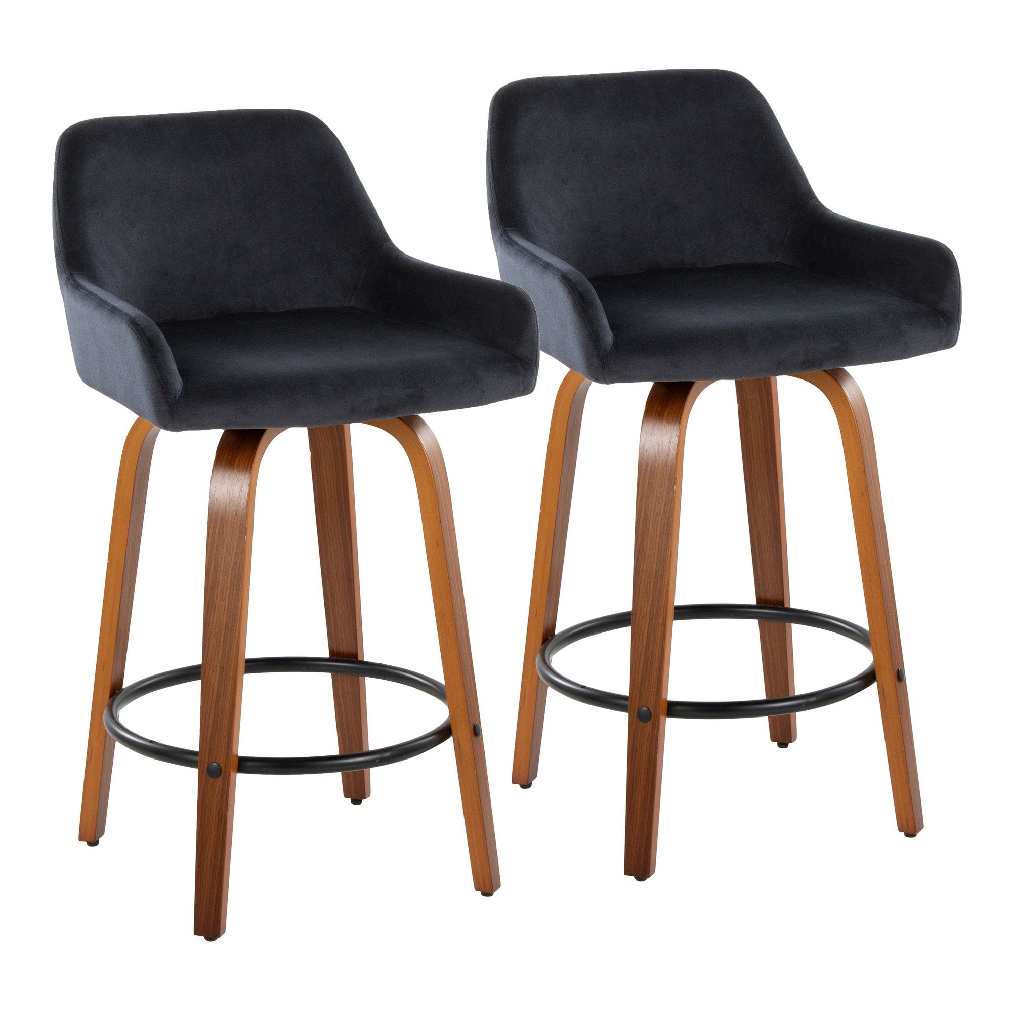 Daniella 26" Fixed-Height Counter Stool - Set of 2 - Walnut Wood, Black Metal, Black Velvet