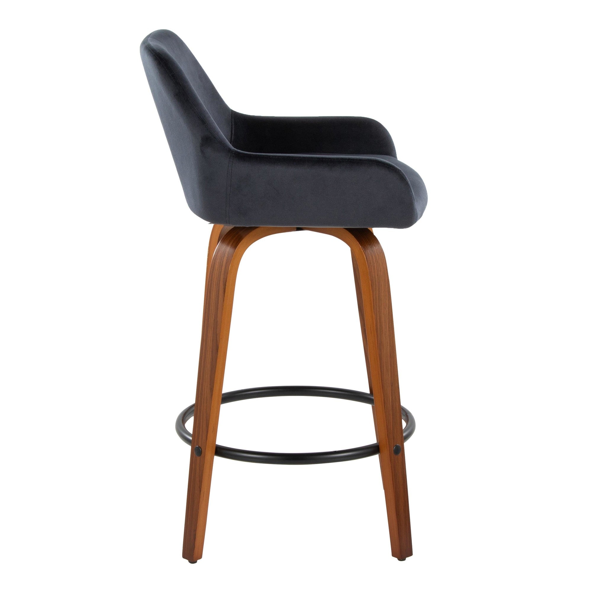 Daniella 26" Fixed-Height Counter Stool - Set of 2 - Walnut Wood, Black Metal, Black Velvet