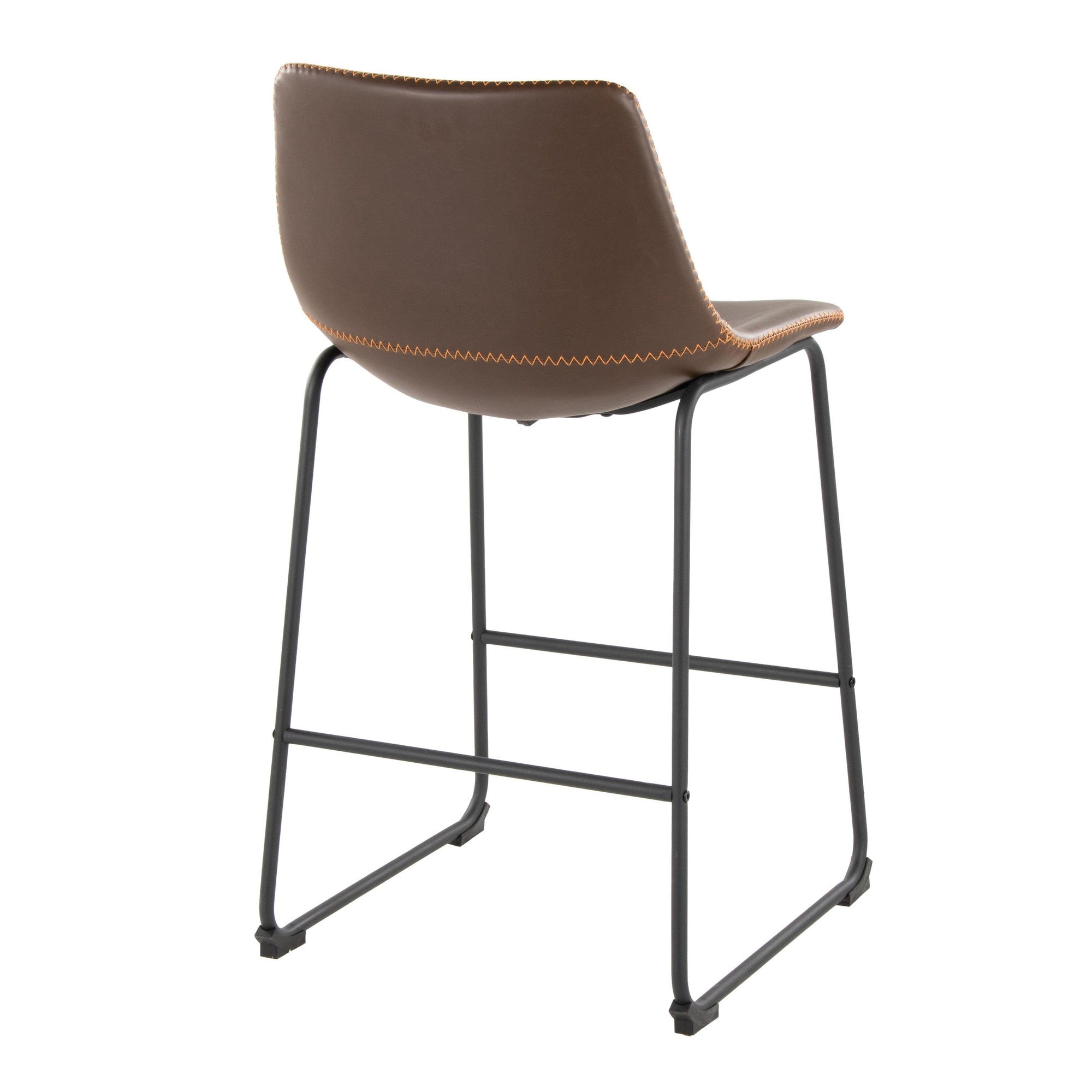 Duke 26" Fixed-Height Counter Stool - Black Metal, Espresso PU, Orange Zig Zag Stitching