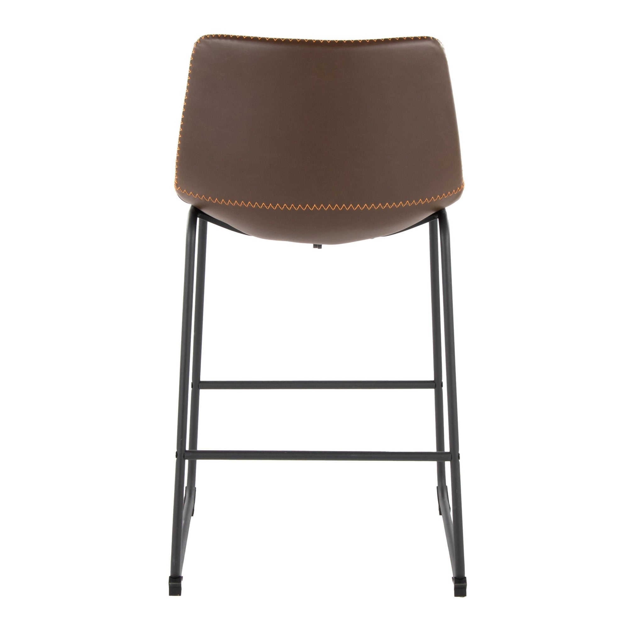 Duke 26" Fixed-Height Counter Stool - Black Metal, Espresso PU, Orange Zig Zag Stitching