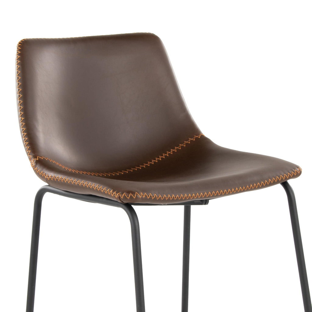 Duke 26" Fixed-Height Counter Stool - Black Metal, Espresso PU, Orange Zig Zag Stitching