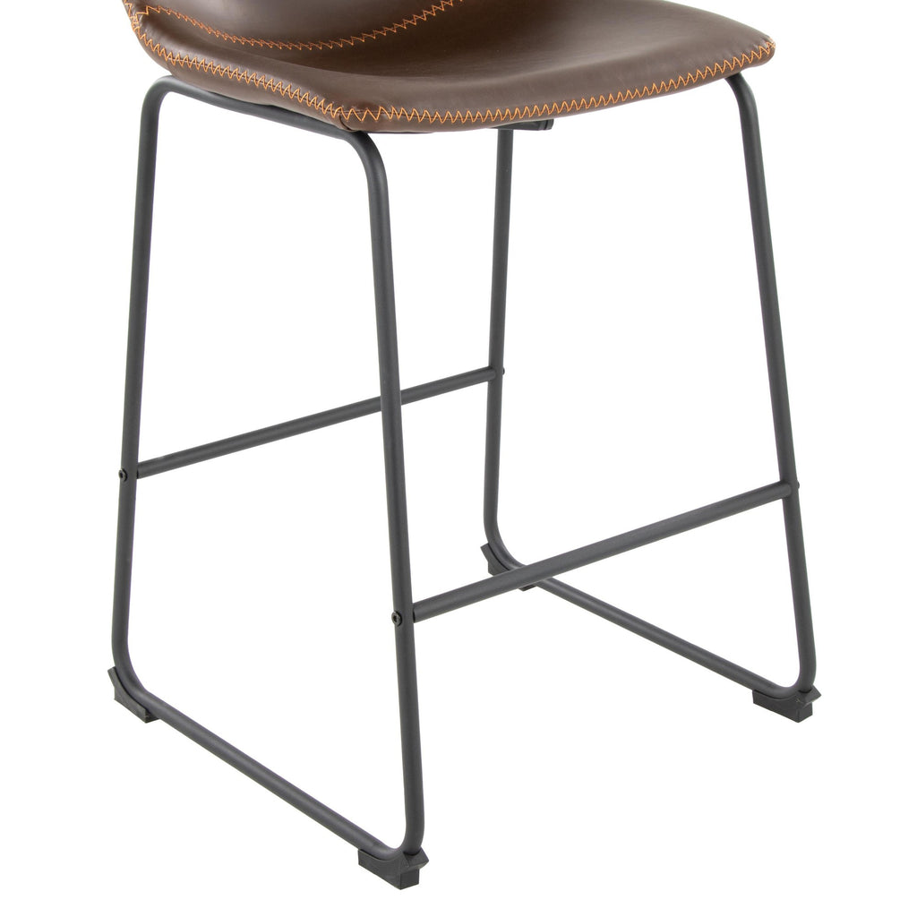 Duke 26" Fixed-Height Counter Stool - Black Metal, Espresso PU, Orange Zig Zag Stitching