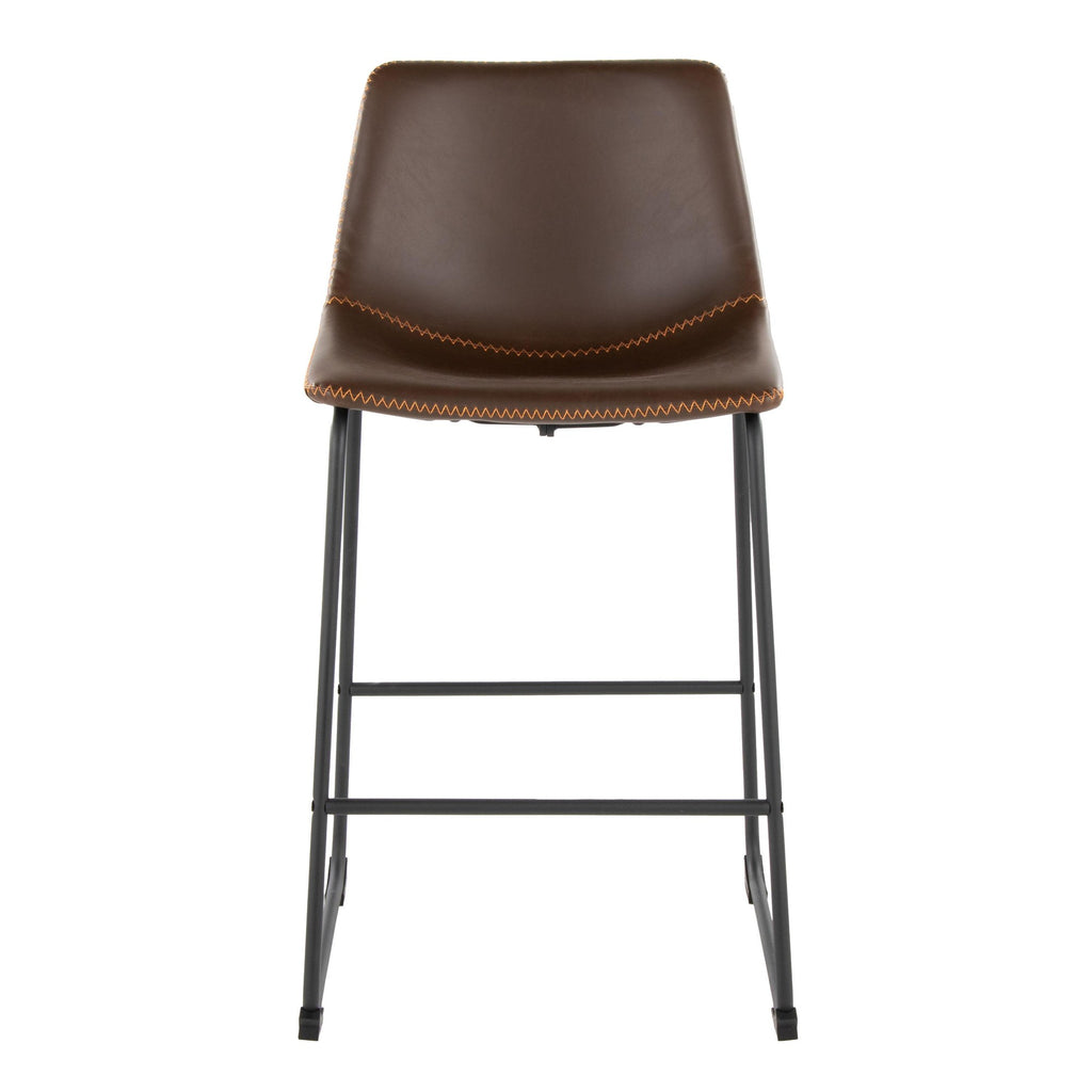 Duke 26" Fixed-Height Counter Stool - Black Metal, Espresso PU, Orange Zig Zag Stitching