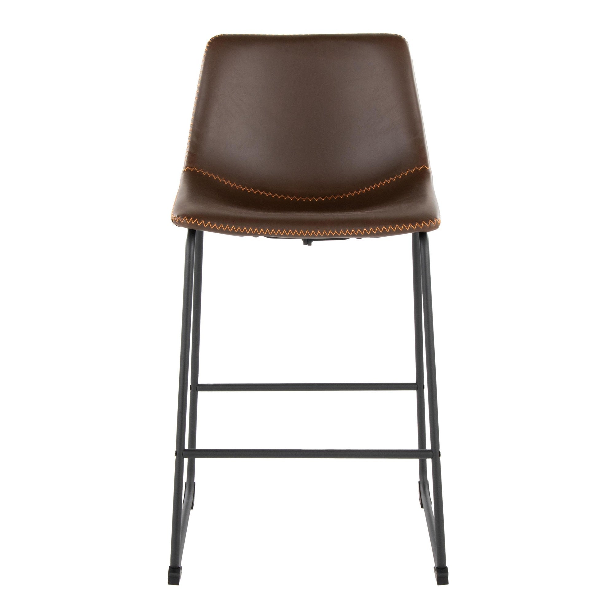 Duke 26" Fixed-Height Counter Stool - Black Metal, Espresso PU, Orange Zig Zag Stitching