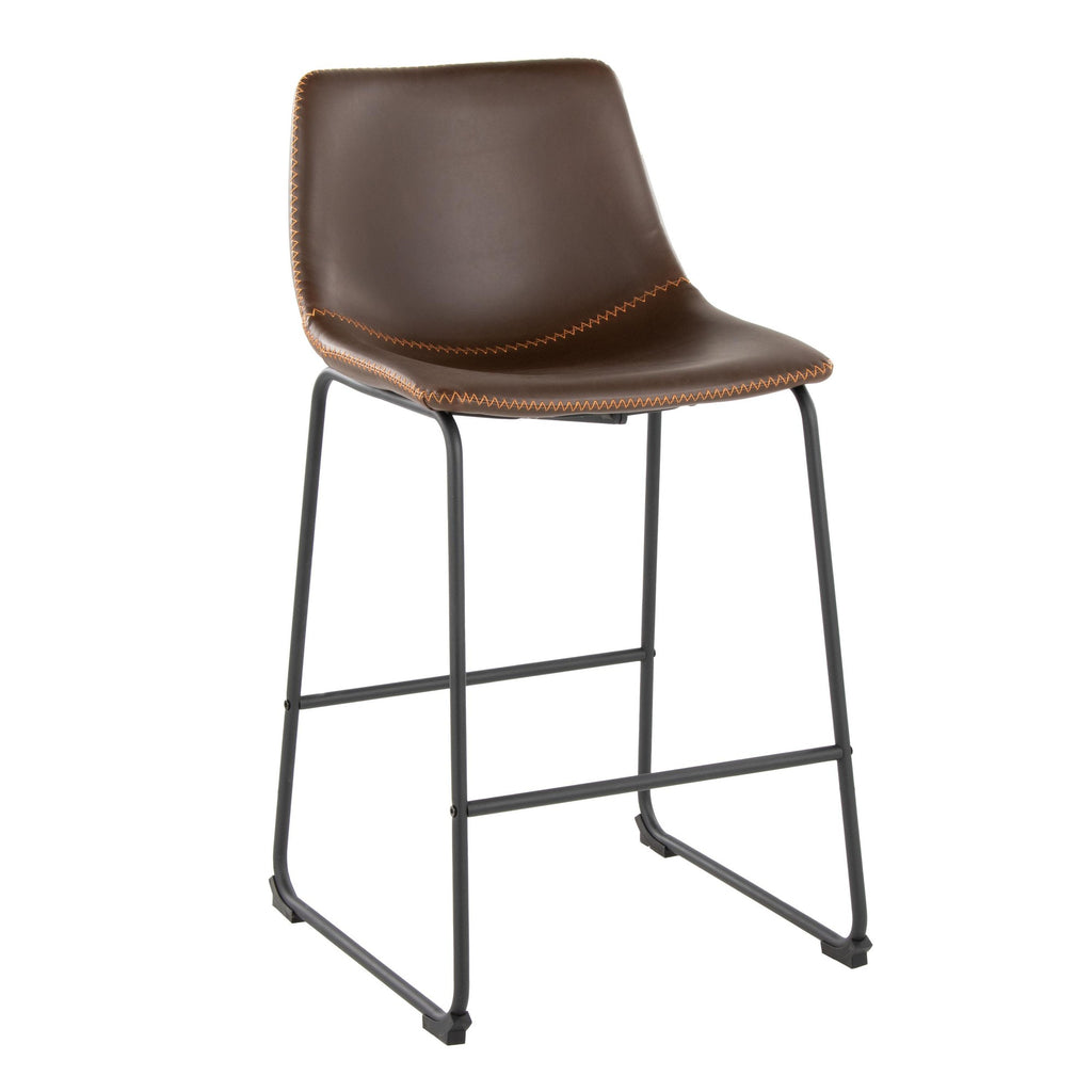 Duke 26" Fixed-Height Counter Stool - Black Metal, Espresso PU, Orange Zig Zag Stitching