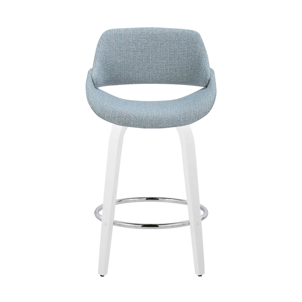 Fabrico 26" Fixed-Height Counter Stool - Set of 2 - White Wood, Blue Noise Fabric, Chrome Metal