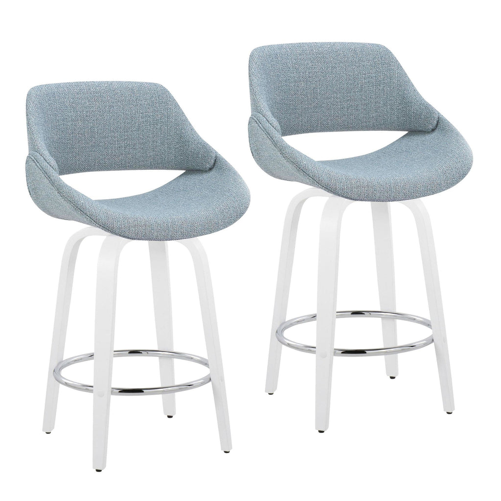Fabrico 26" Fixed-Height Counter Stool - Set of 2 - White Wood, Blue Noise Fabric, Chrome Metal