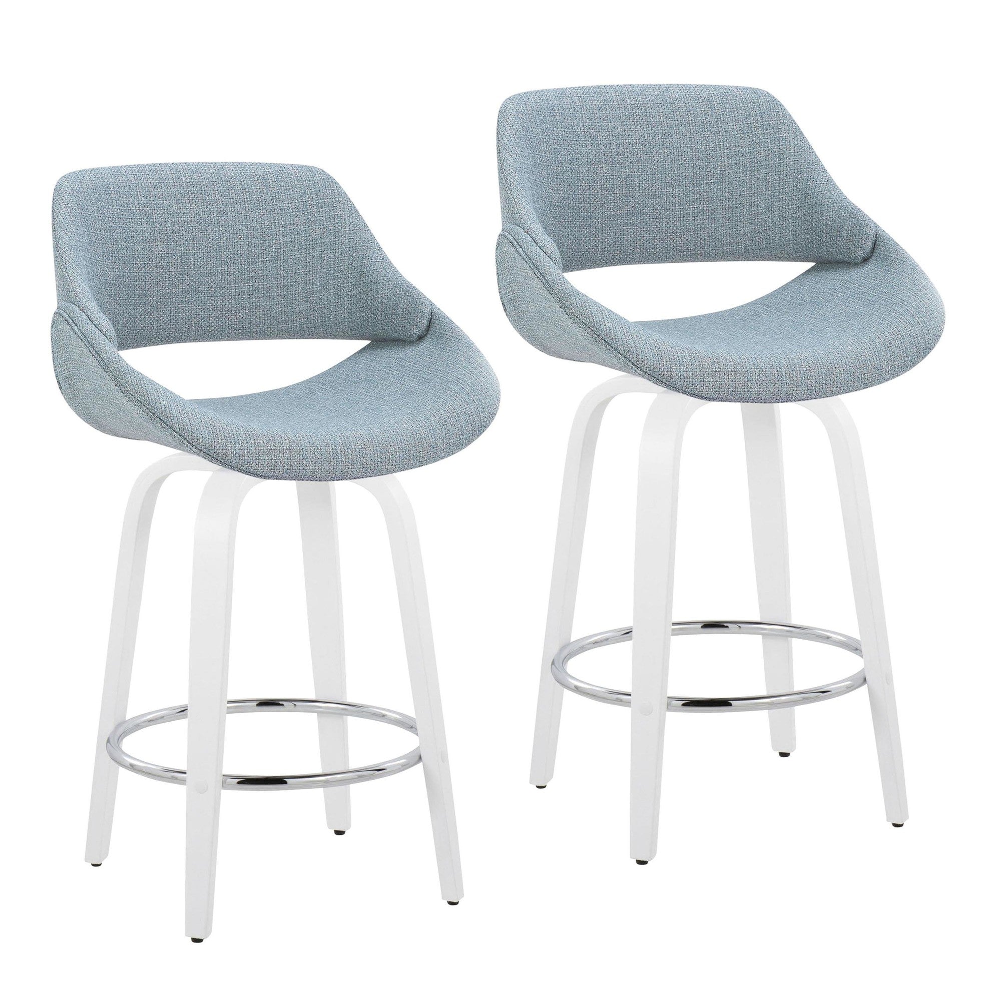 Fabrico 26" Fixed-Height Counter Stool - Set of 2 - White Wood, Blue Noise Fabric, Chrome Metal