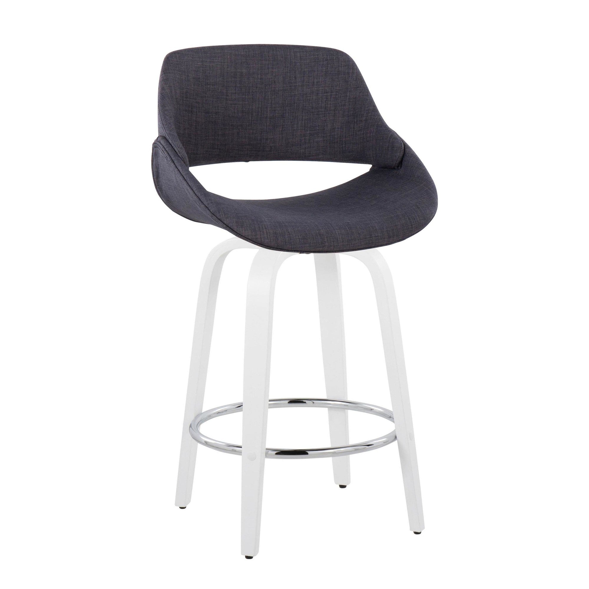Fabrico 26" Fixed-Height Counter Stool - Set of 2 - White Wood, Charcoal Fabric, Chrome Metal