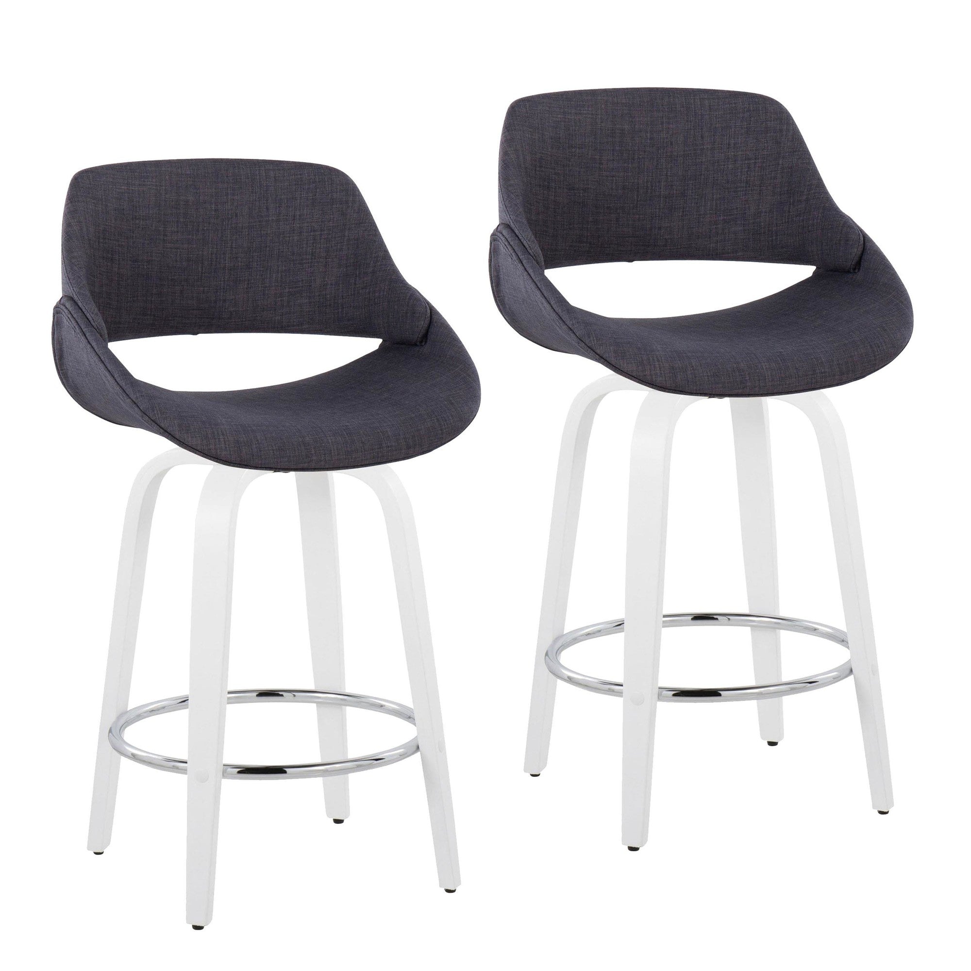 Fabrico 26" Fixed-Height Counter Stool - Set of 2 - White Wood, Charcoal Fabric, Chrome Metal
