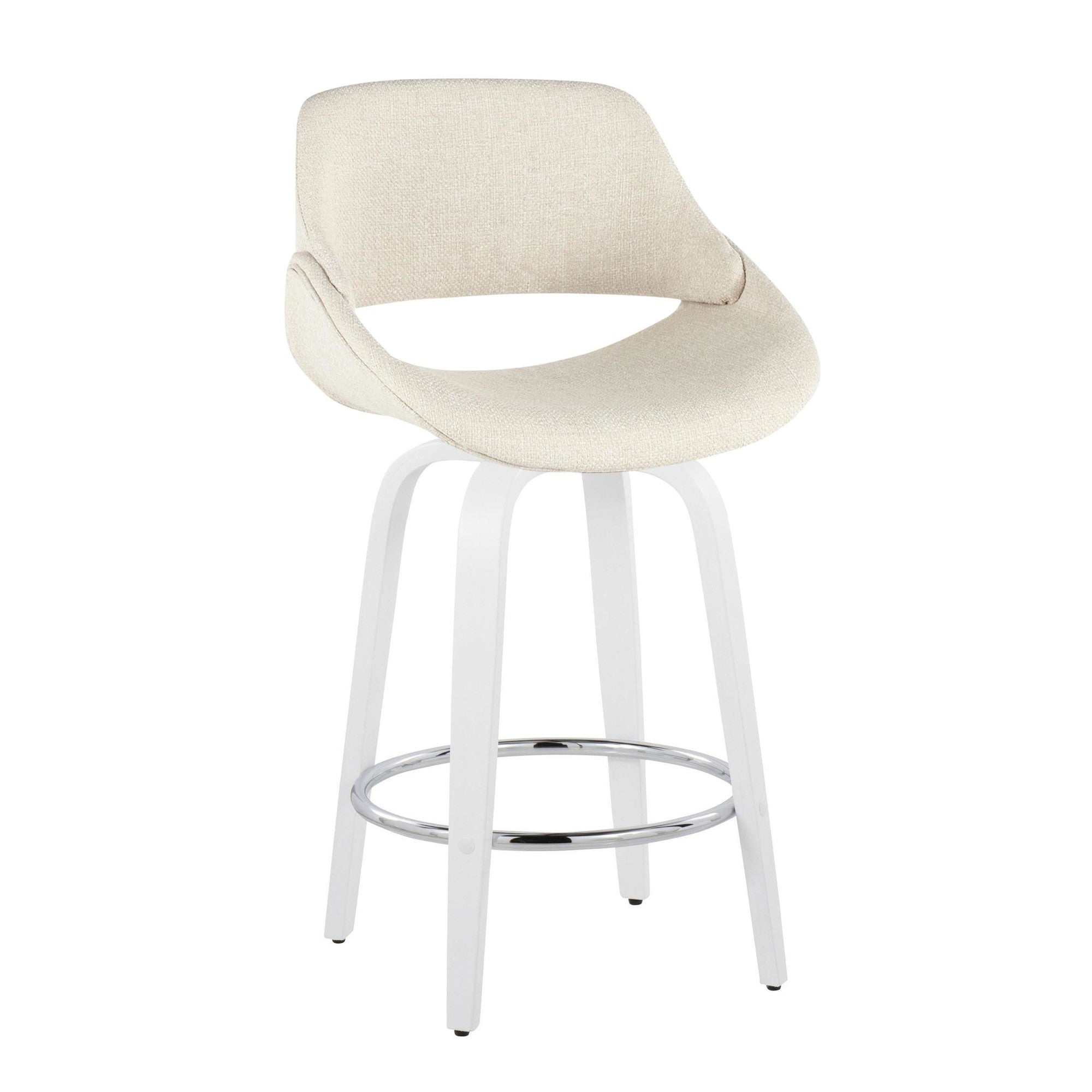Fabrico 26" Fixed-Height Counter Stool - Set of 2 - White Wood, Cream Fabric, Chrome Metal