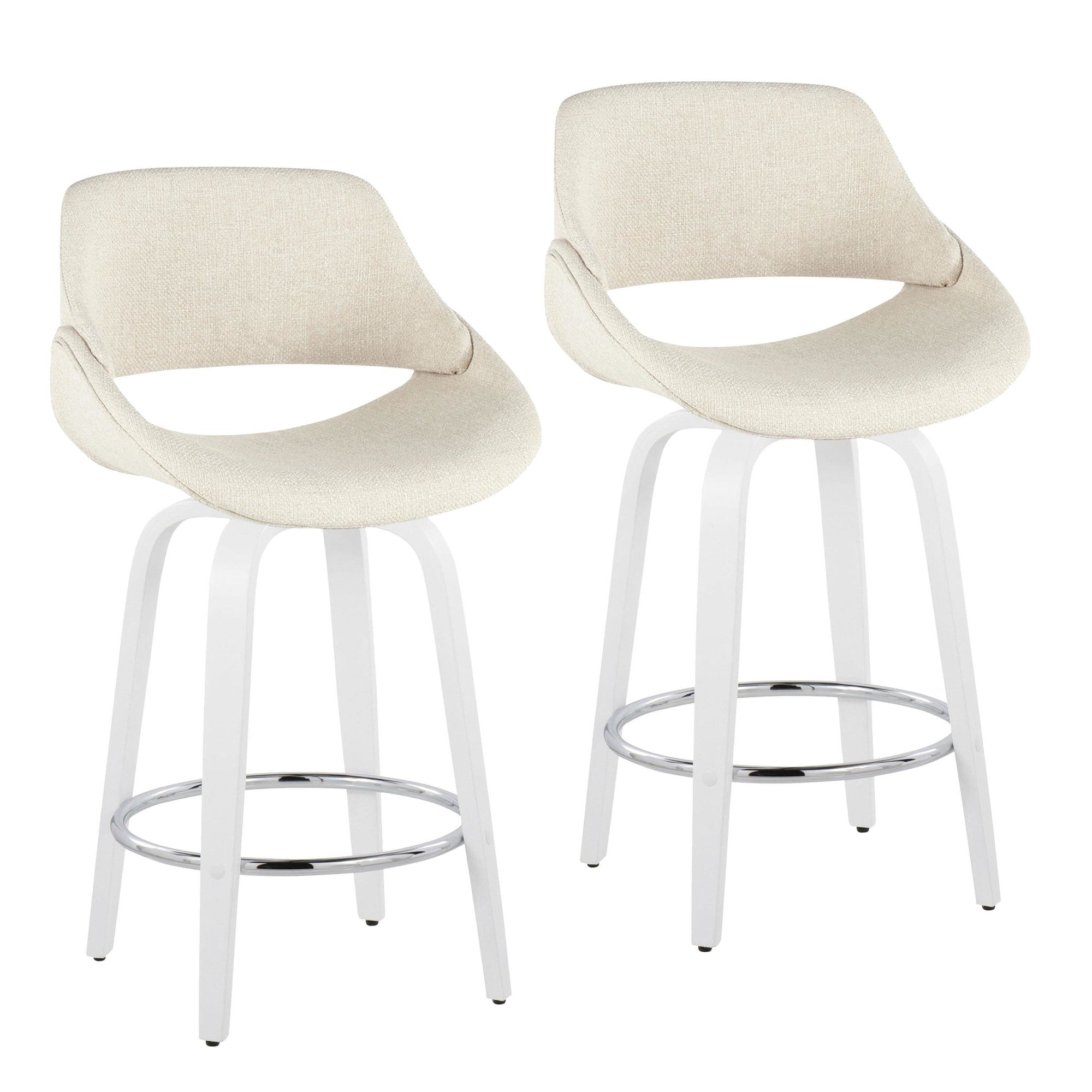Fabrico 26" Fixed-Height Counter Stool - Set of 2 - White Wood, Cream Fabric, Chrome Metal