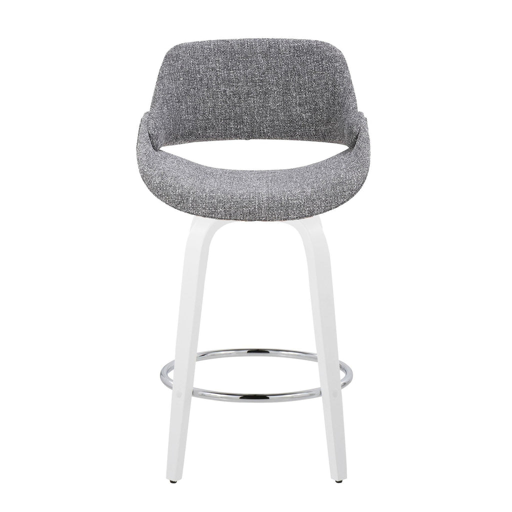Fabrico 26" Fixed-Height Counter Stool - Set of 2 - White Wood, Grey Fabric, Chrome Metal