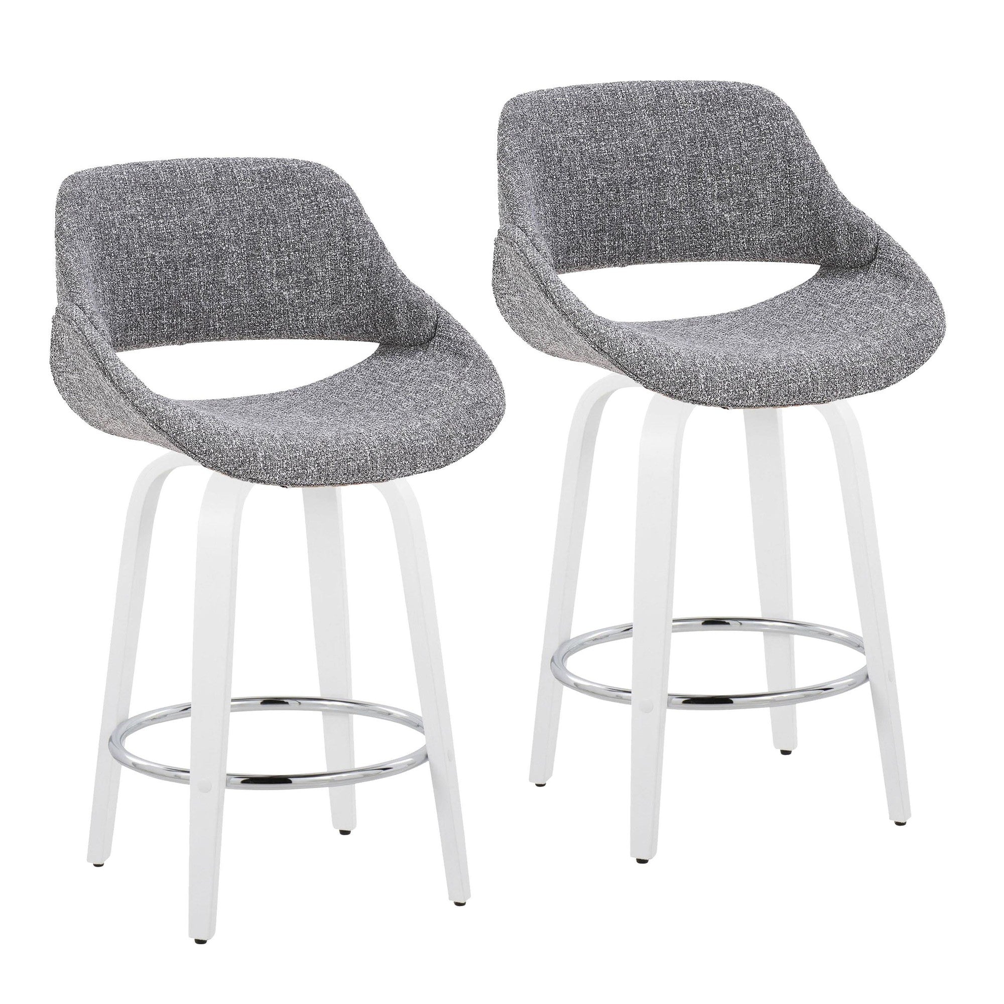 Fabrico 26" Fixed-Height Counter Stool - Set of 2 - White Wood, Grey Fabric, Chrome Metal