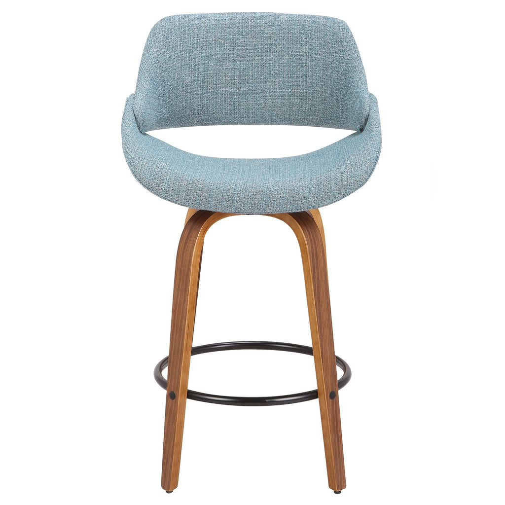 Fabrico 26" Fixed-Height Counter Stool - Set of 3 - Walnut Wood, Blue Noise Fabric, Black Metal