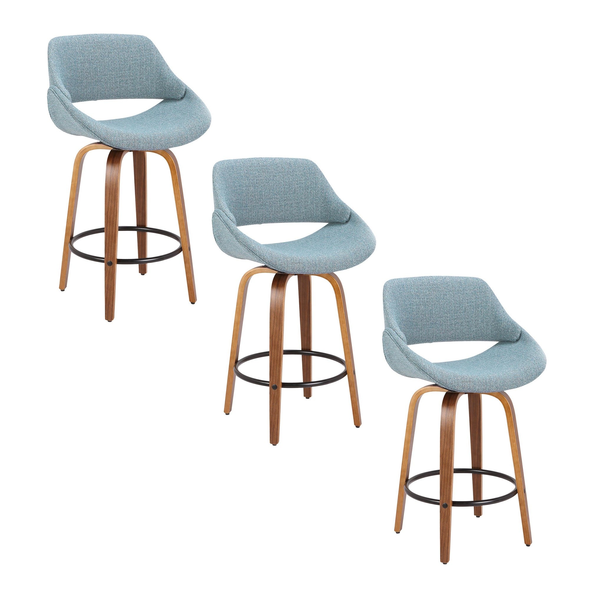 Fabrico 26" Fixed-Height Counter Stool - Set of 3 - Walnut Wood, Blue Noise Fabric, Black Metal