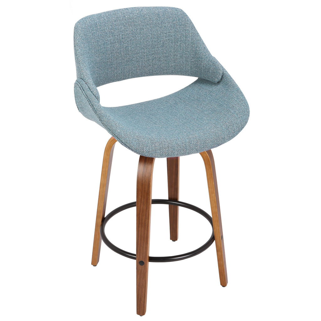 Fabrico 26" Fixed-Height Counter Stool - Set of 3 - Walnut Wood, Blue Noise Fabric, Black Metal